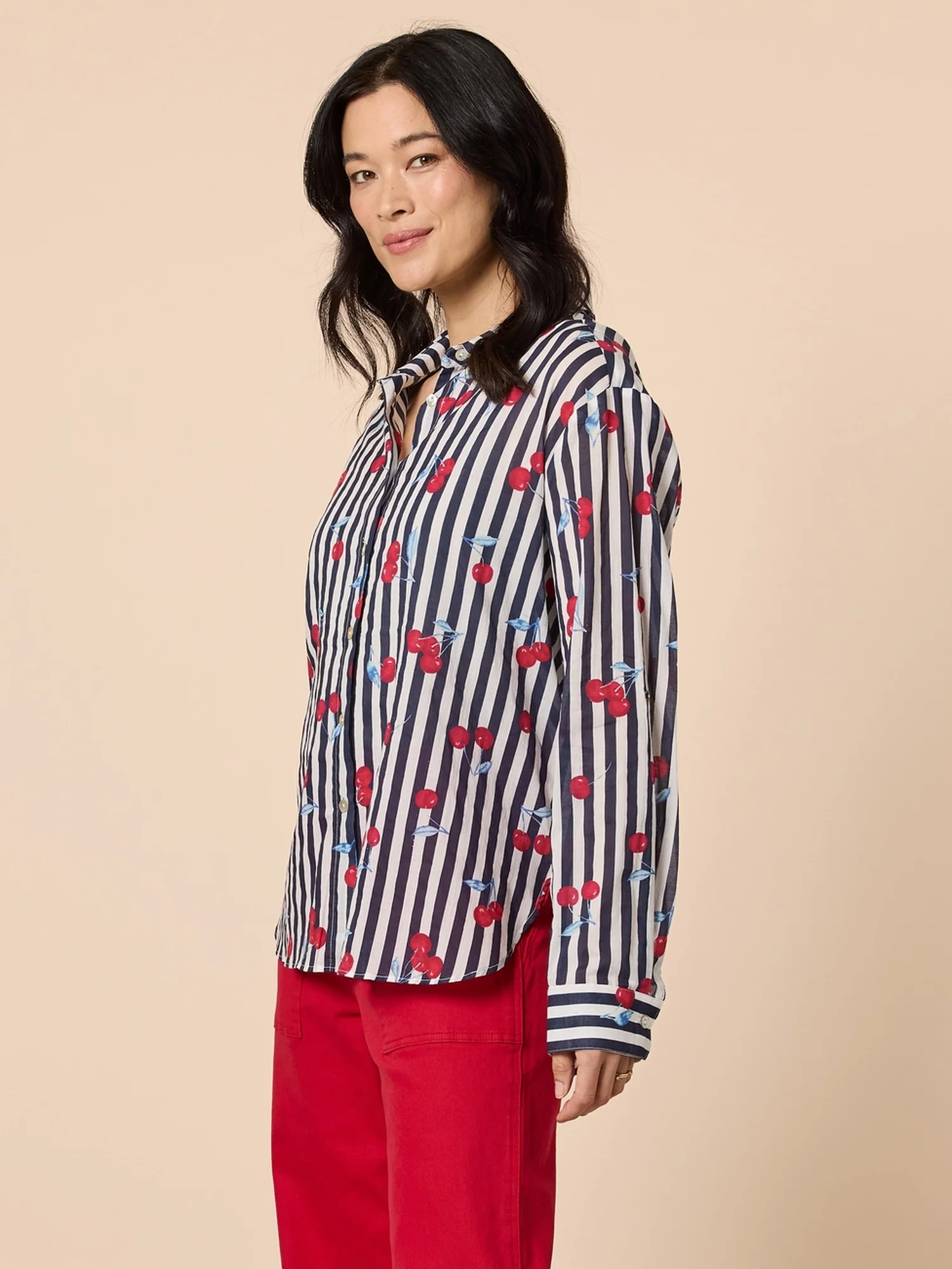 Cherry Stripe Print Sheer Shirt - Navy/White - Image 3