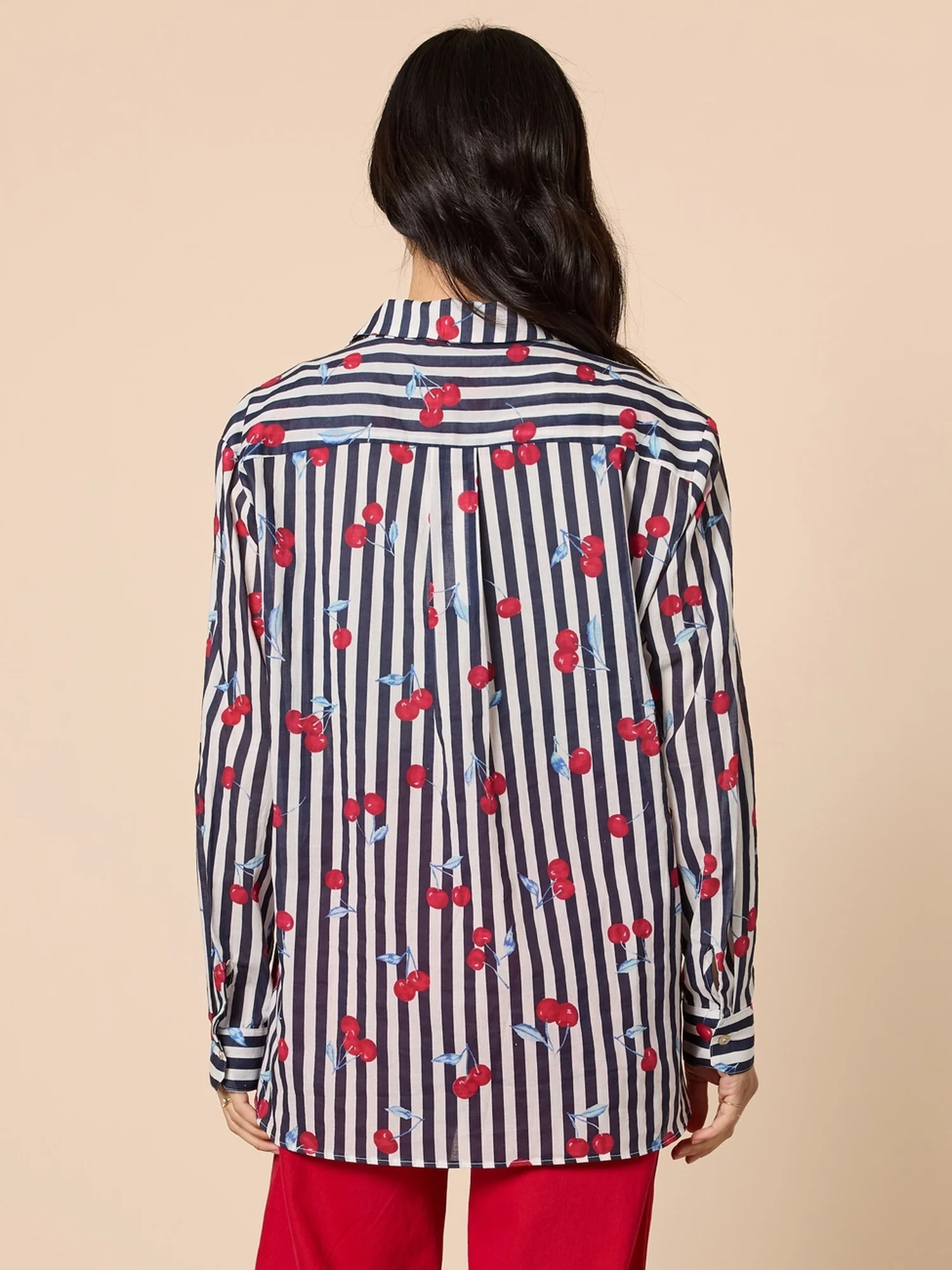 Cherry Stripe Print Sheer Shirt - Navy/White - Image 4