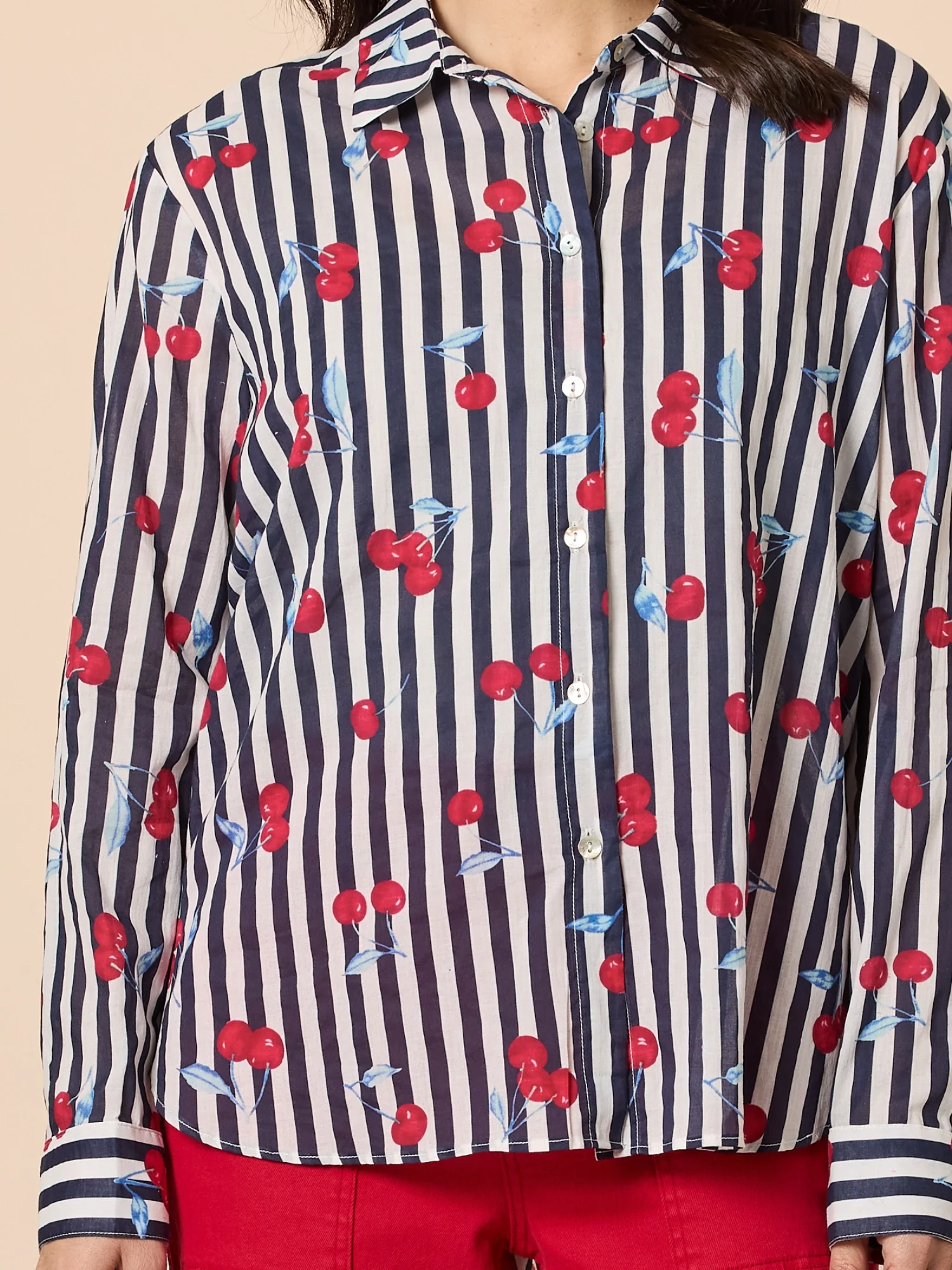 Cherry Stripe Print Sheer Shirt - Navy/White - Image 5