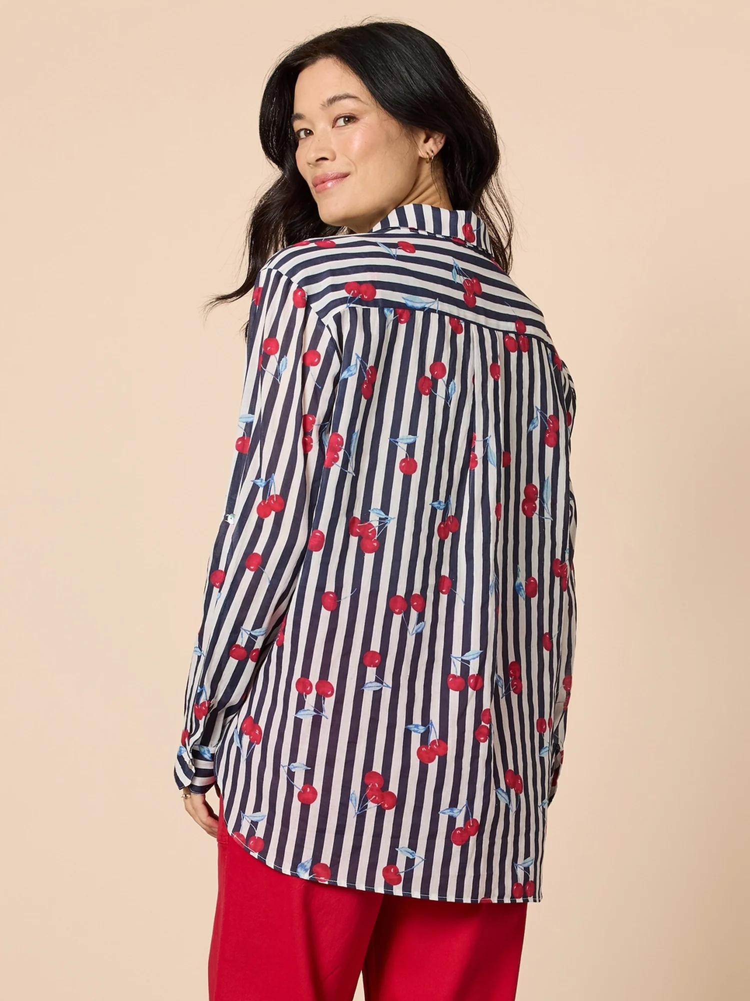 Cherry Stripe Print Sheer Shirt - Navy/White - Image 6