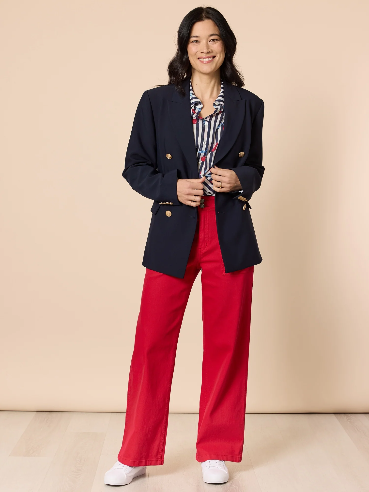 Cherry Stripe Print Sheer Shirt - Navy/White - Image 7