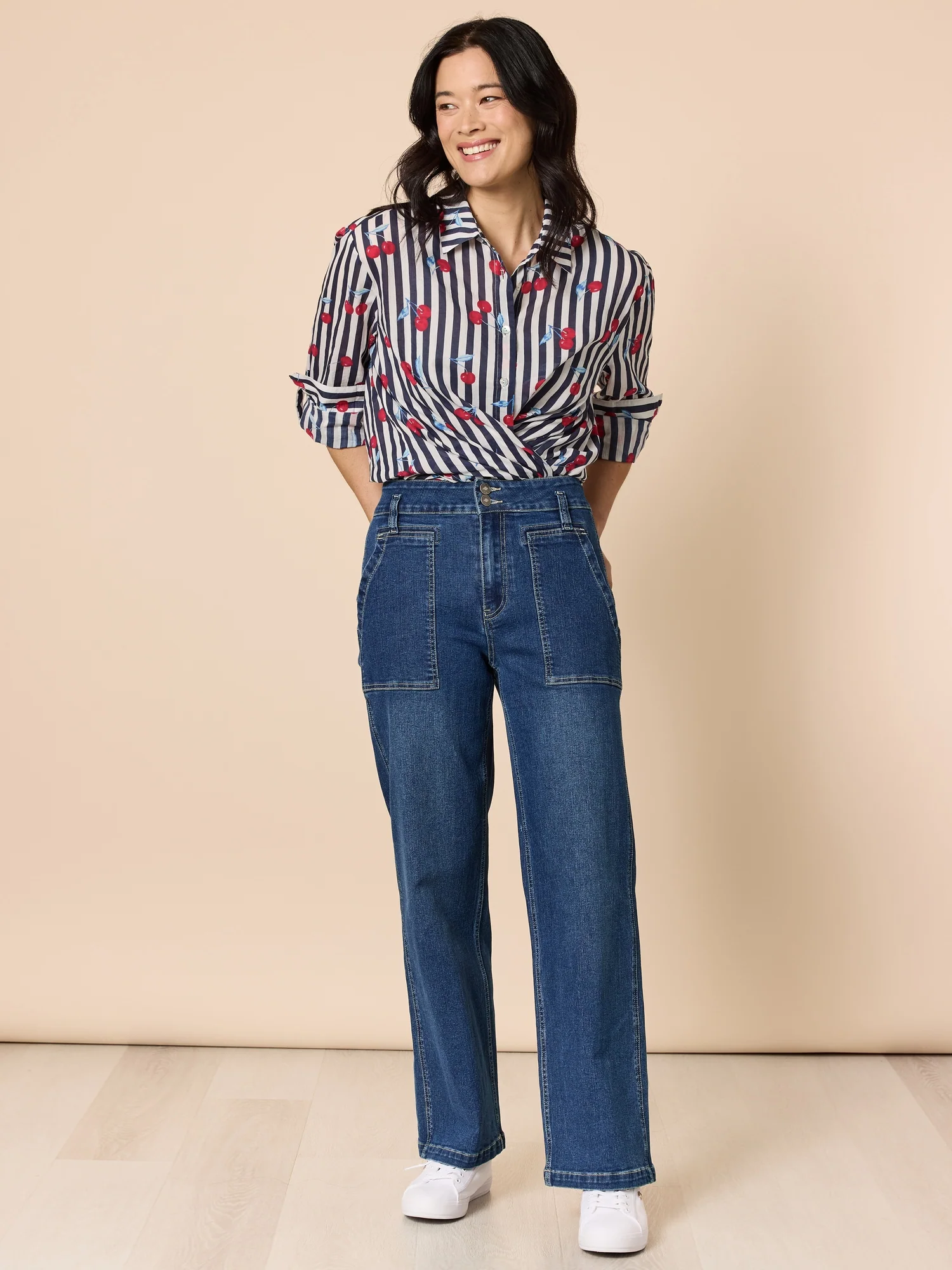 Cherry Stripe Print Sheer Shirt - Navy/White - Image 8