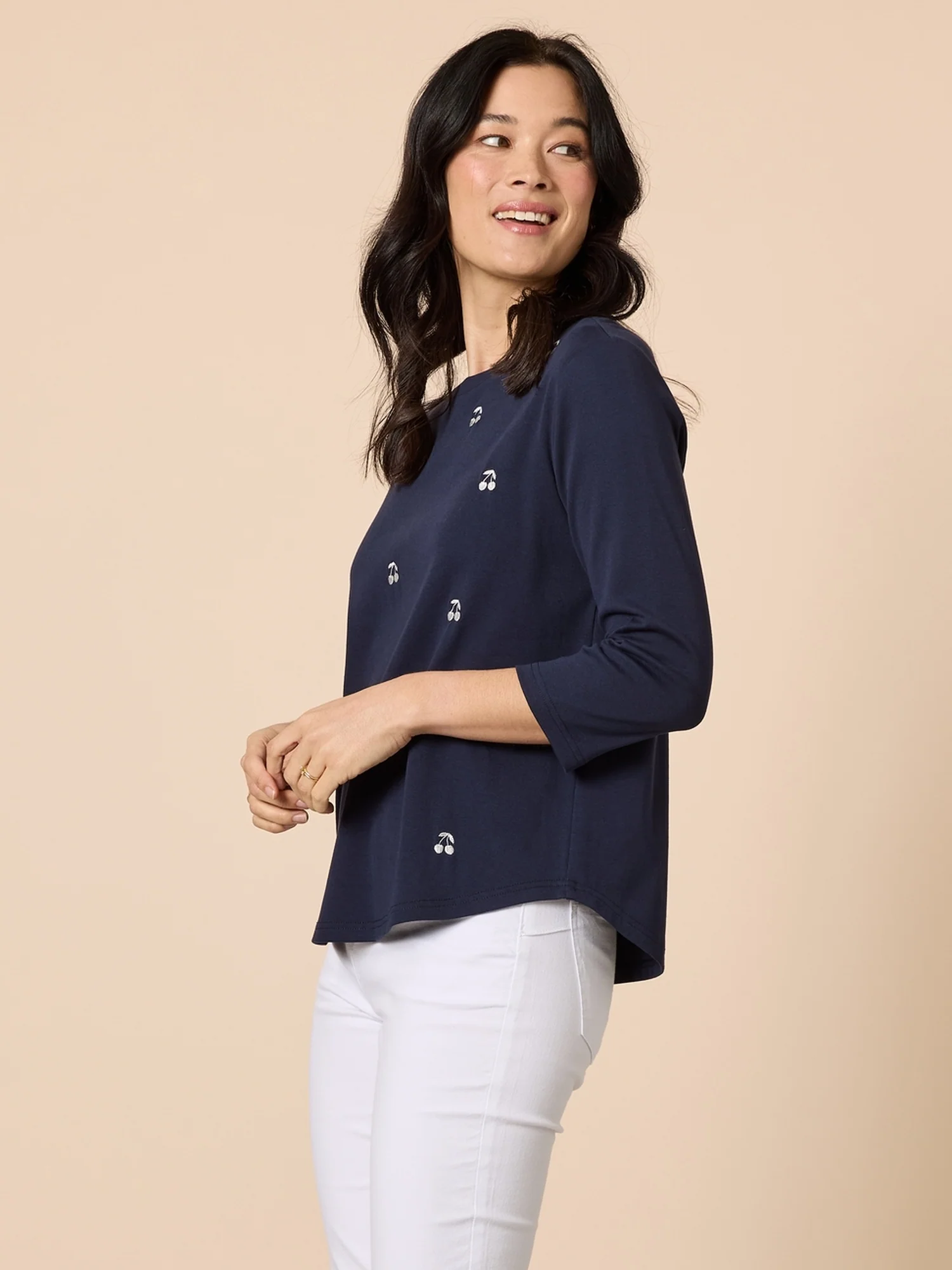 Embroidered Cherry Long Sleeve Tee - Navy/White - Image 3