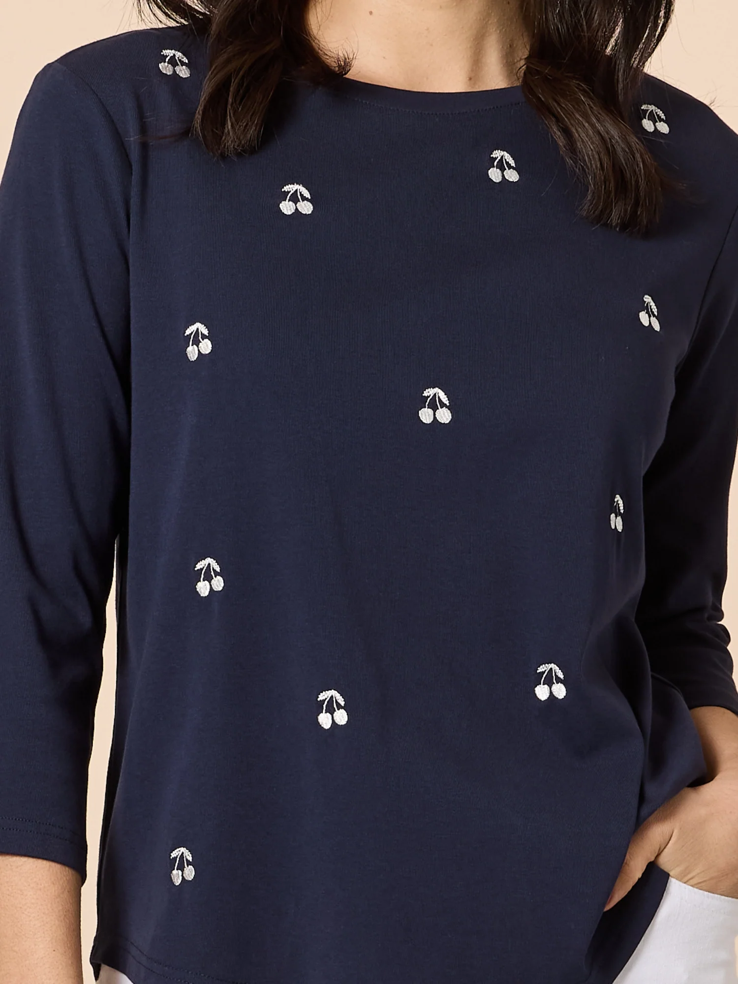 Embroidered Cherry Long Sleeve Tee - Navy/White - Image 5