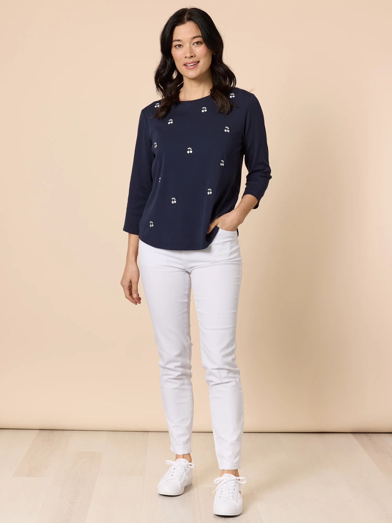 Embroidered Cherry Long Sleeve Tee - Navy/White - Image 7