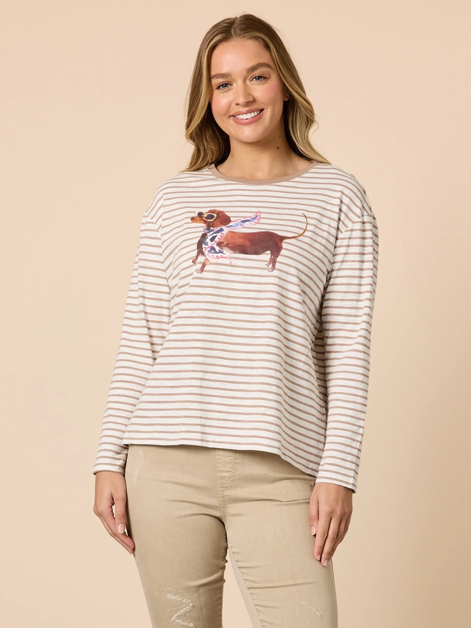 Chien Chic Stripe Print Tee - Natural