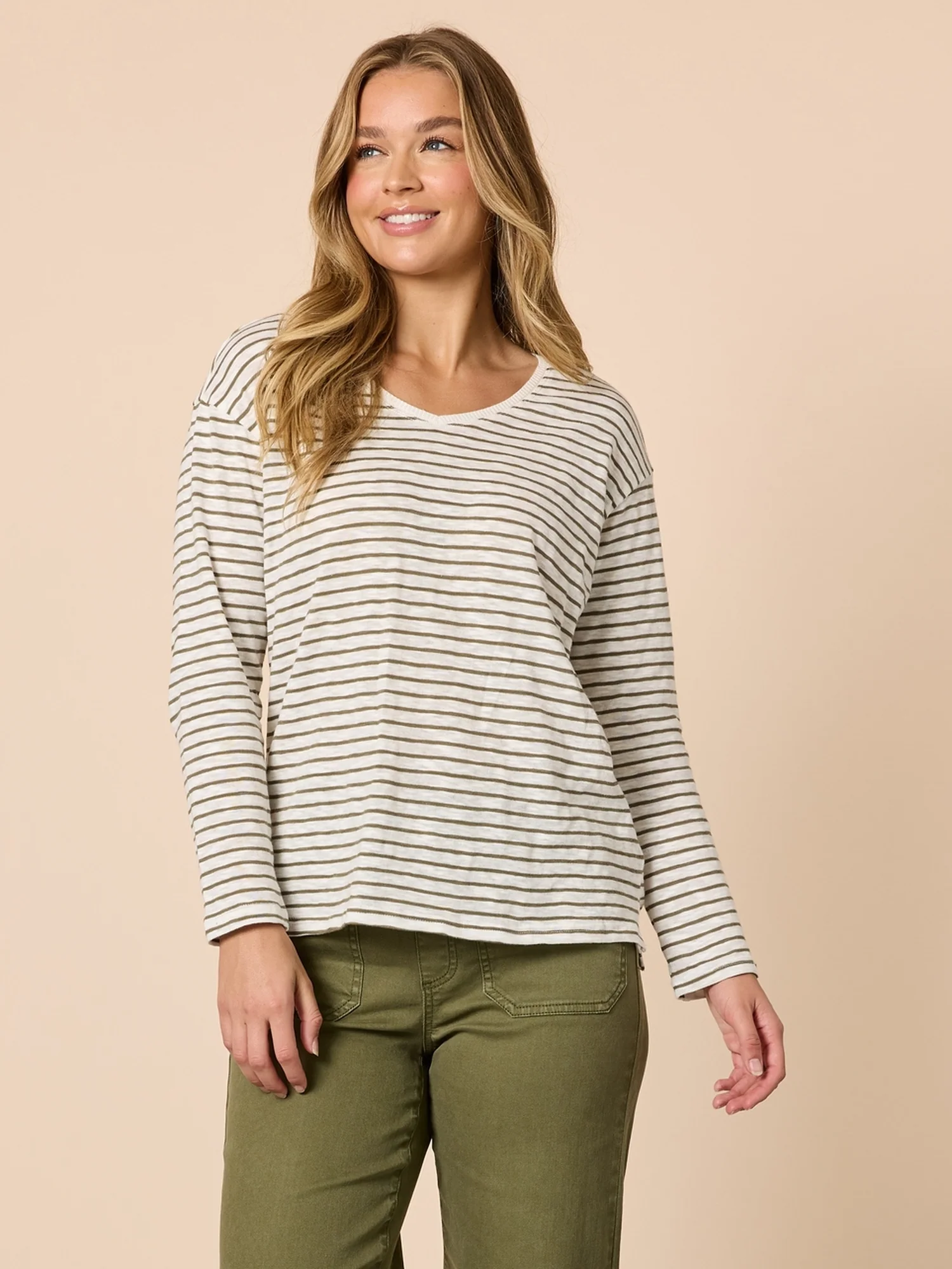 City Stripe Long Sleeve Tee - Khaki Ivory