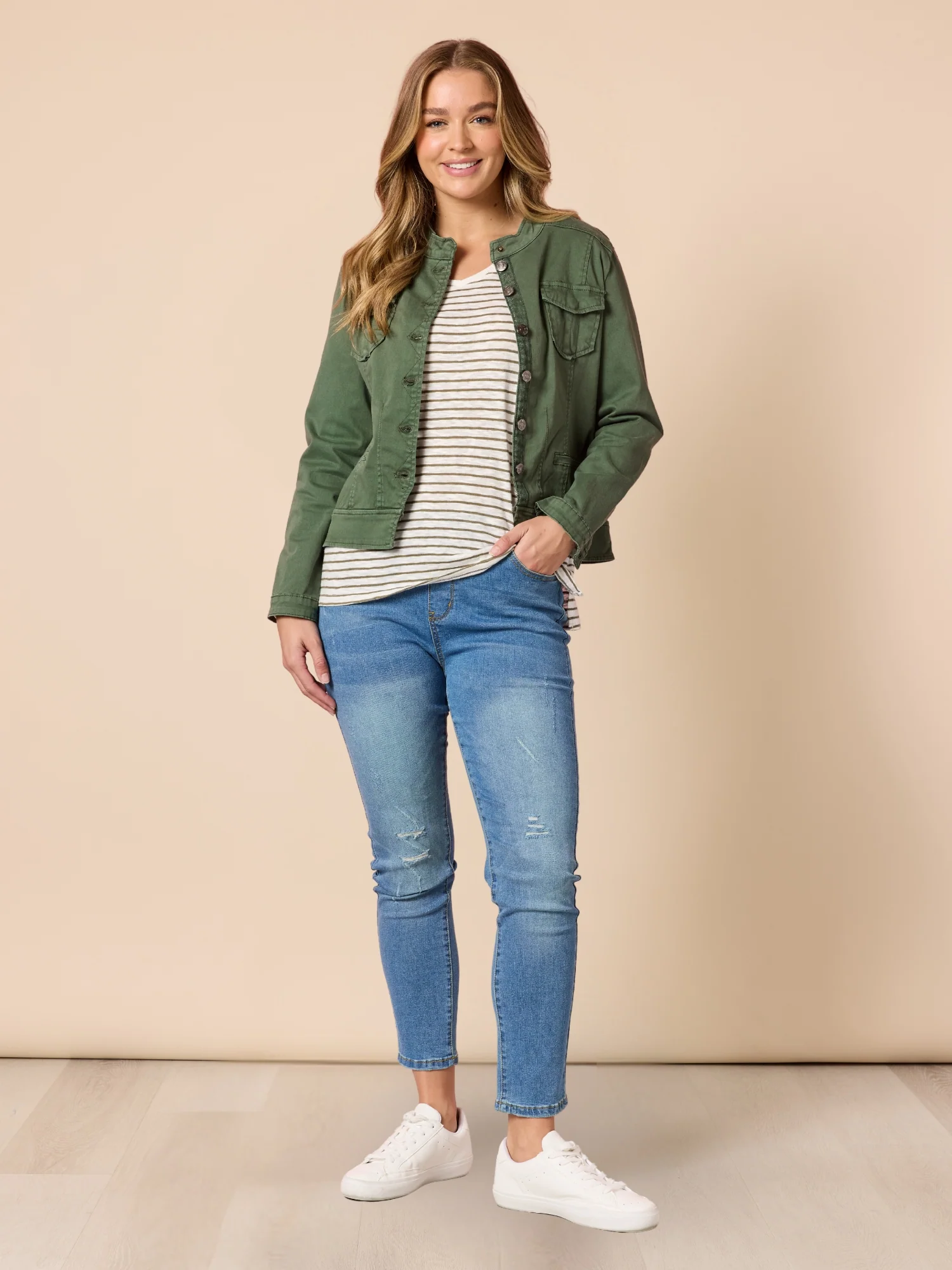 City Stripe Long Sleeve Tee - Khaki Ivory - Image 2