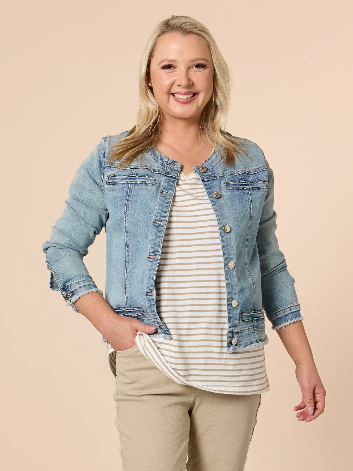 Collarless Denim Jacket - Denim - Image 3