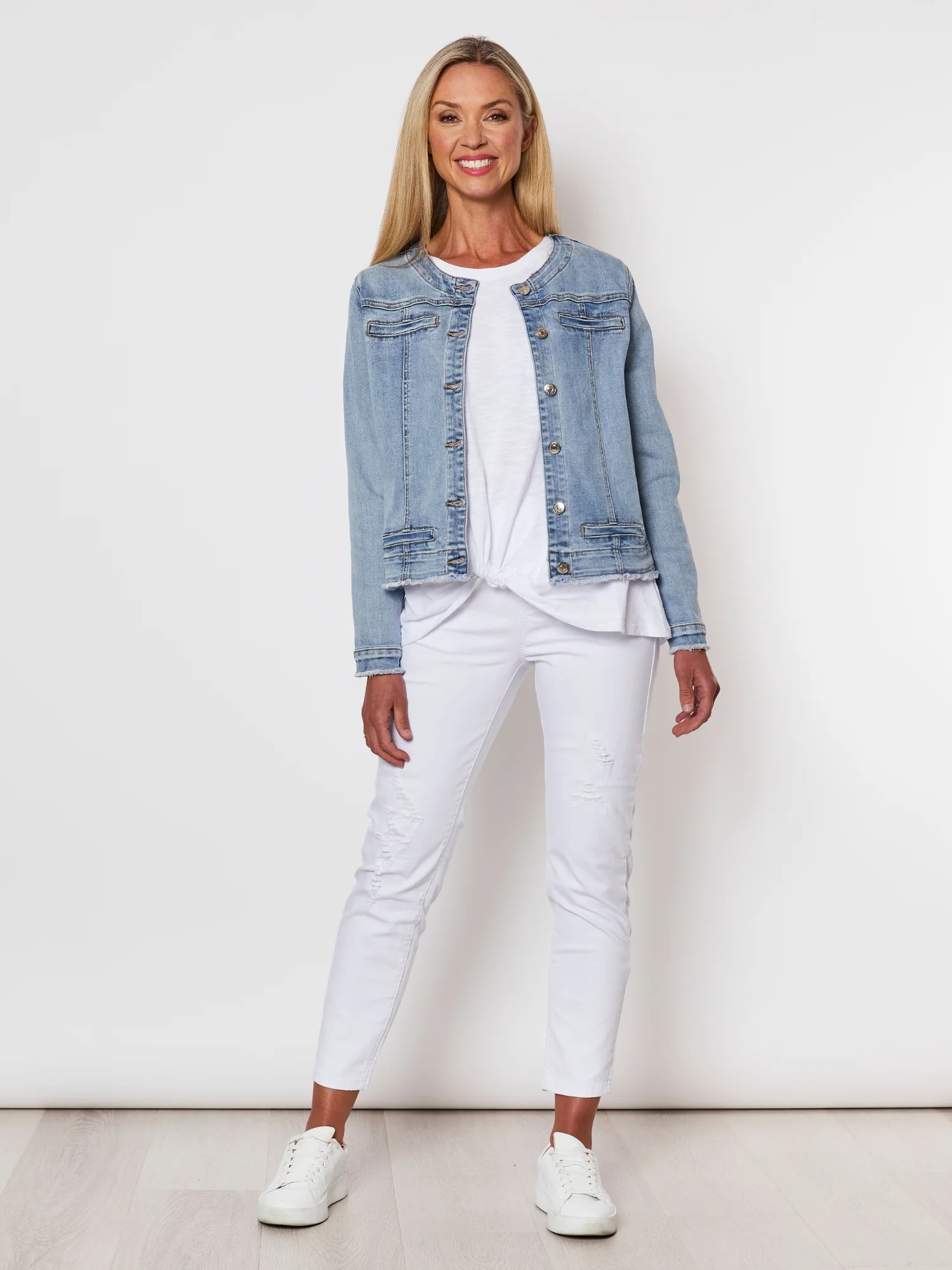 Collarless Denim Jacket - Denim - Image 4