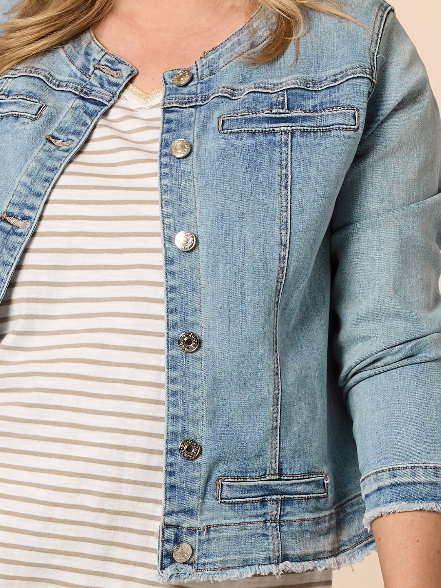 Collarless Denim Jacket - Denim - Image 6