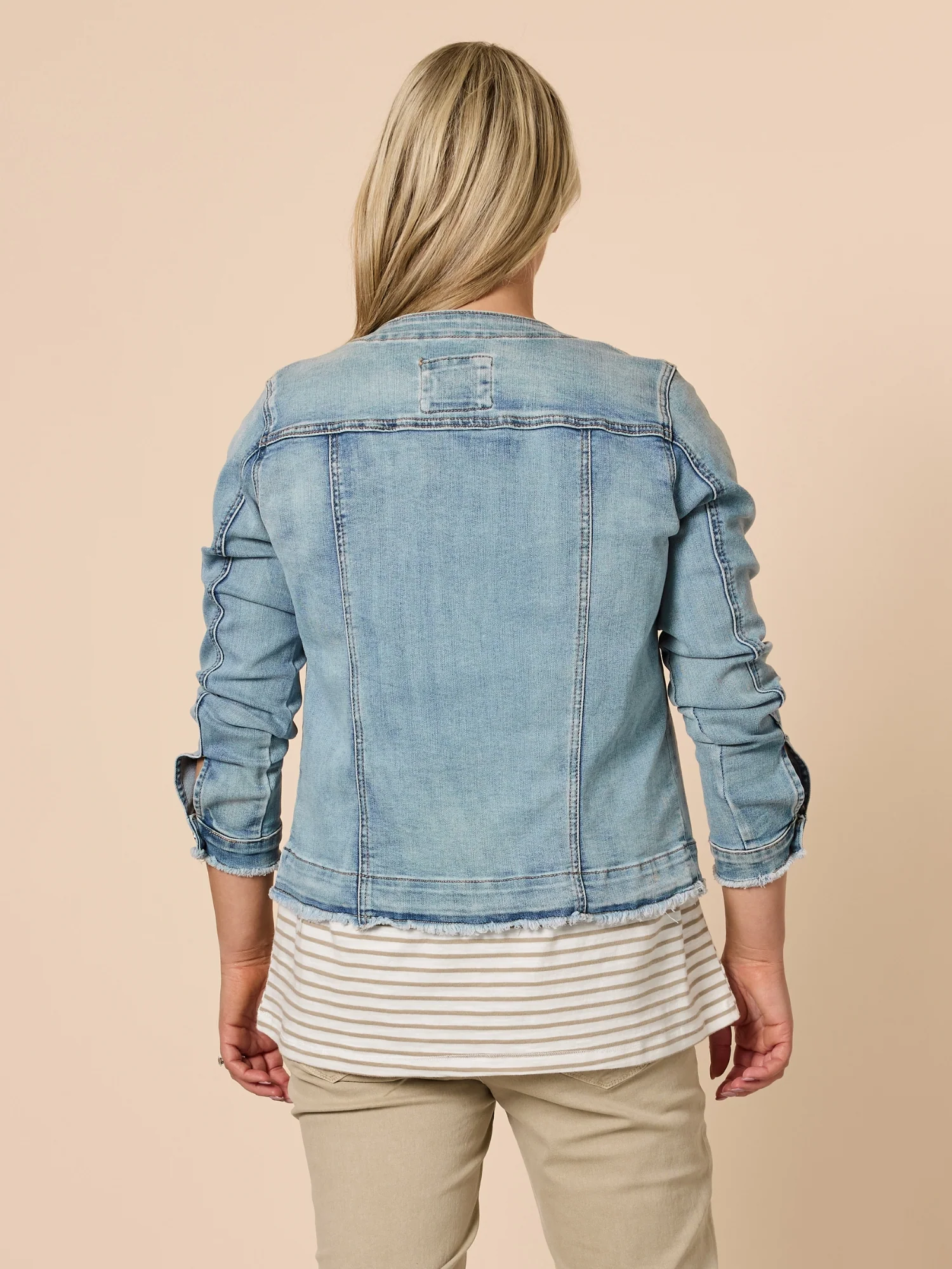 Collarless Denim Jacket - Denim - Image 8