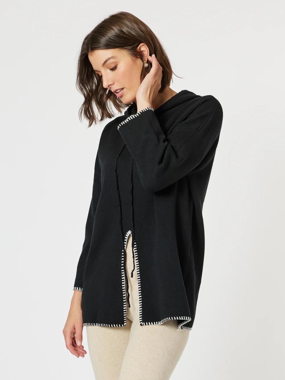Cosy Hooded Split Front Knit - Black - Image 3