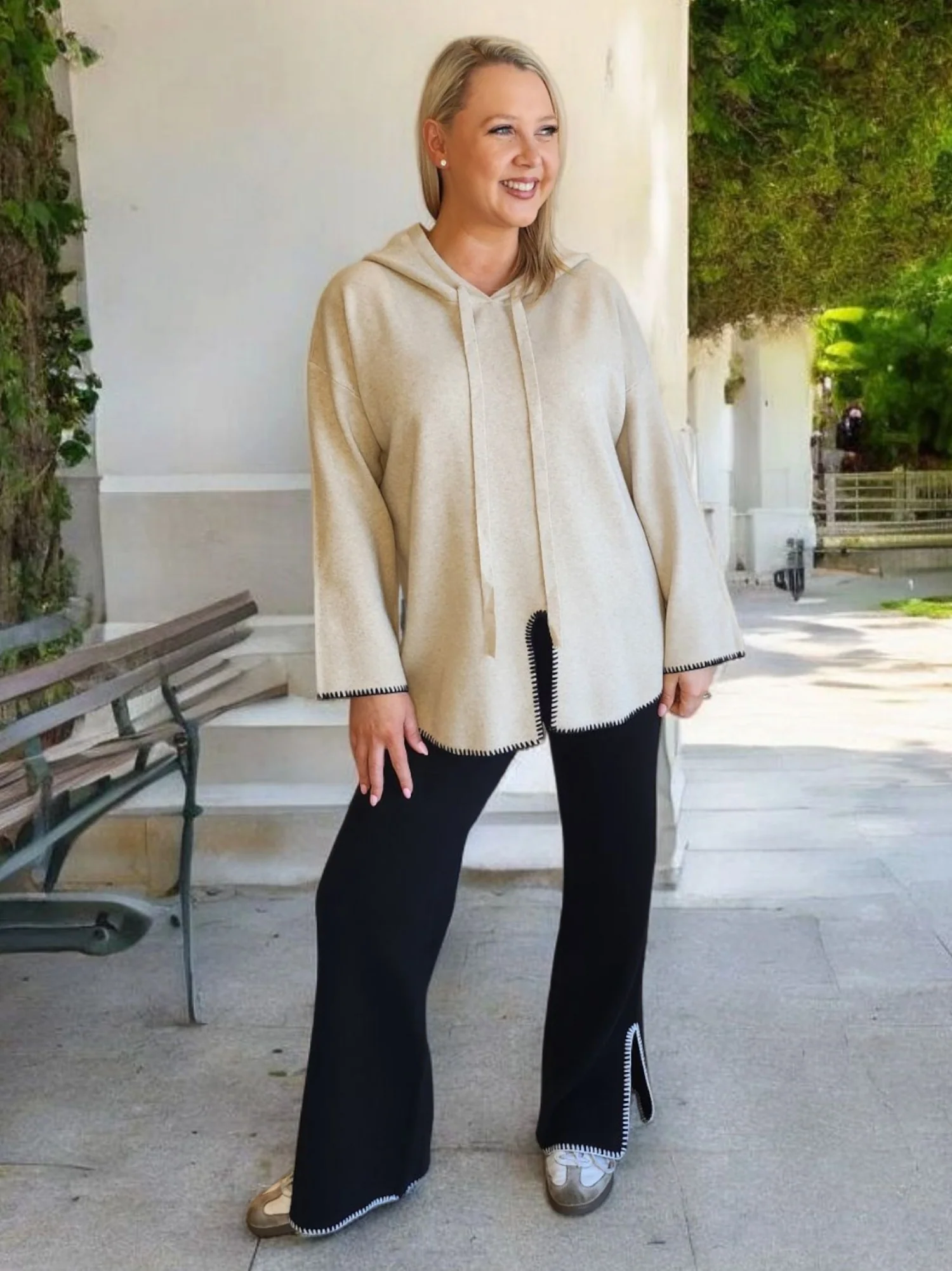 Cosy Hooded Split Front Knit - Natural - Image 2
