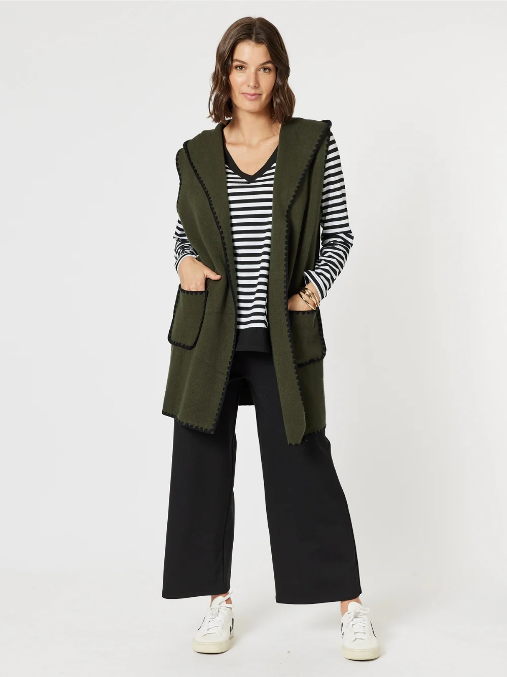Cosy Contrast Stitch Hooded Vest - Khaki - Image 2