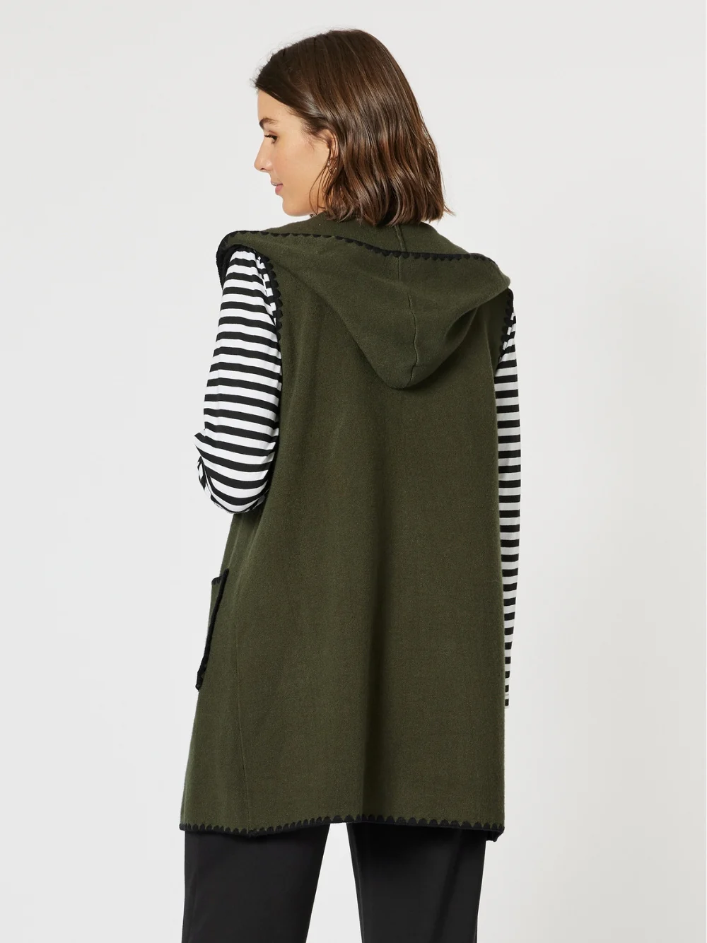 Cosy Contrast Stitch Hooded Vest - Khaki - Image 3