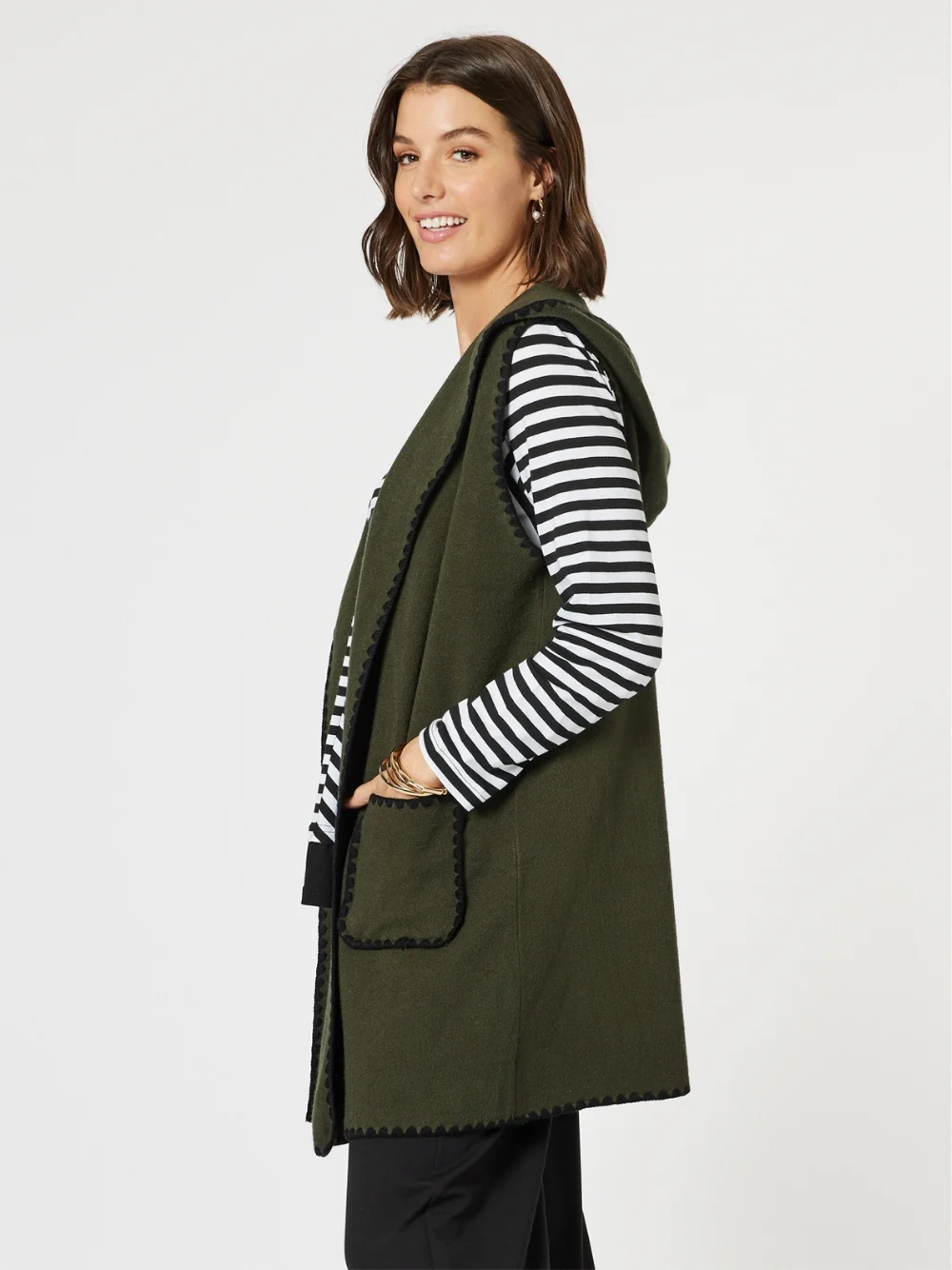 Cosy Contrast Stitch Hooded Vest - Khaki - Image 4