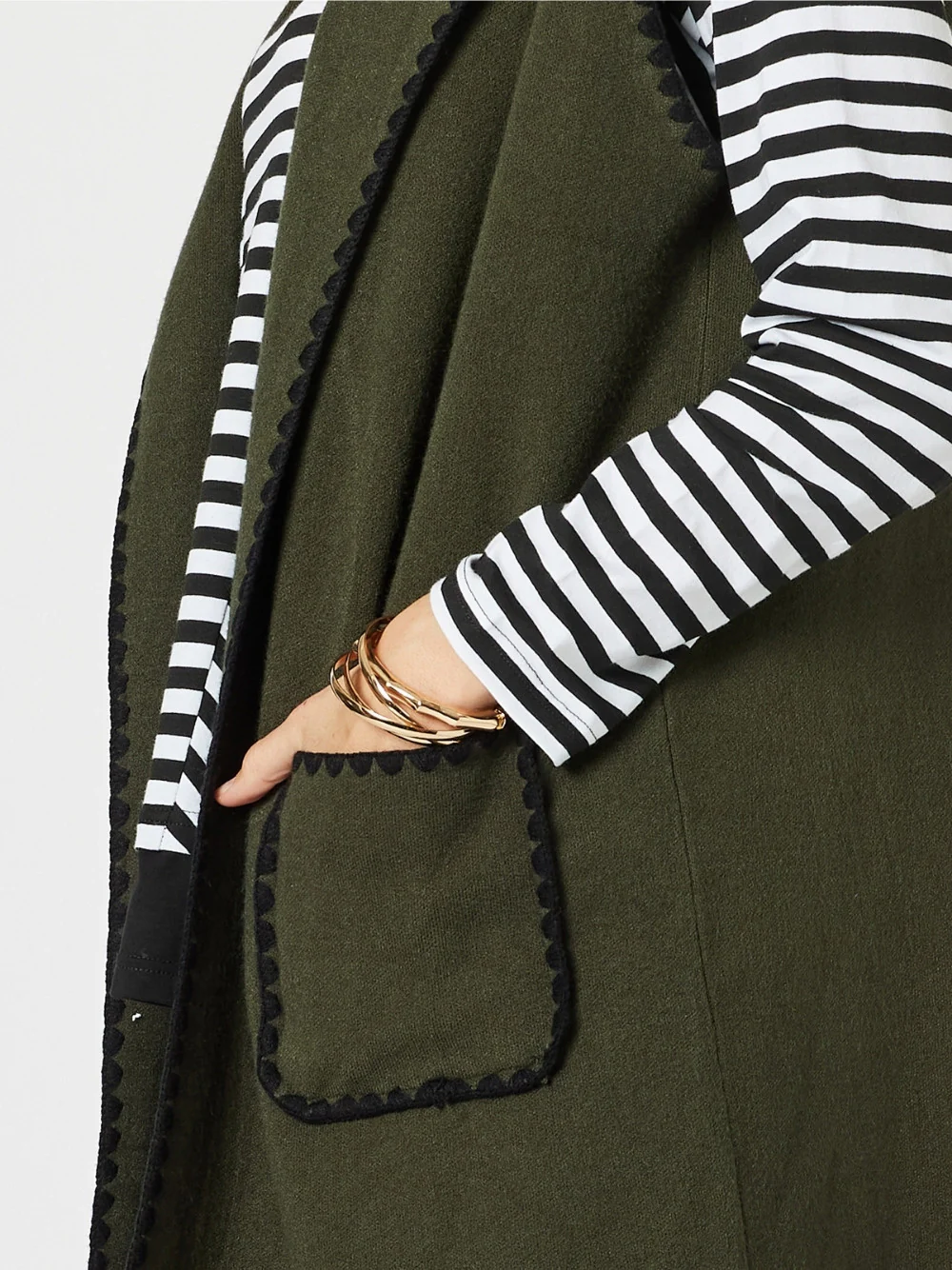Cosy Contrast Stitch Hooded Vest - Khaki - Image 5
