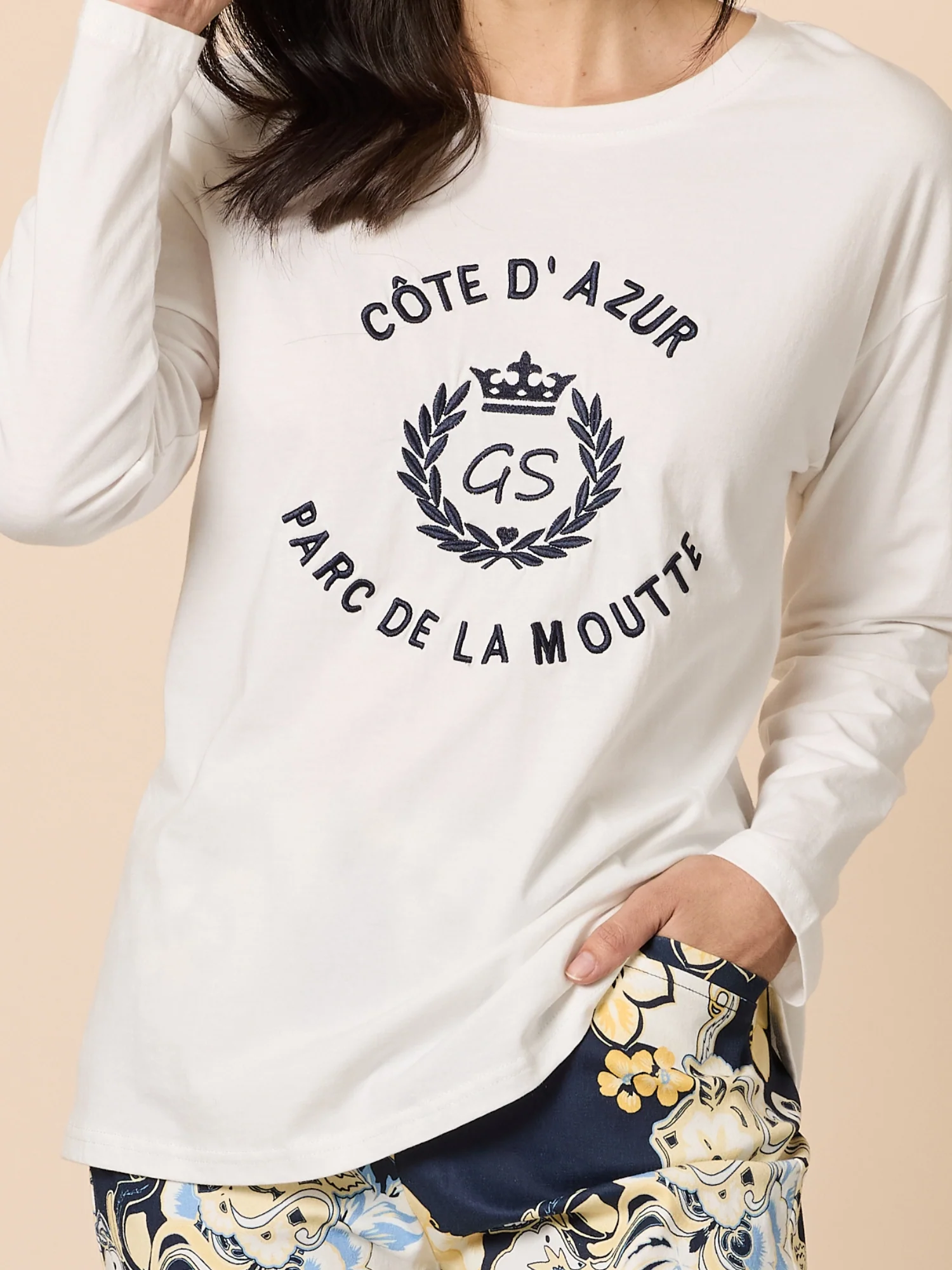 Cote D'Azur Embroidered Logo Long Sleeve Tee - Ivory - Image 5