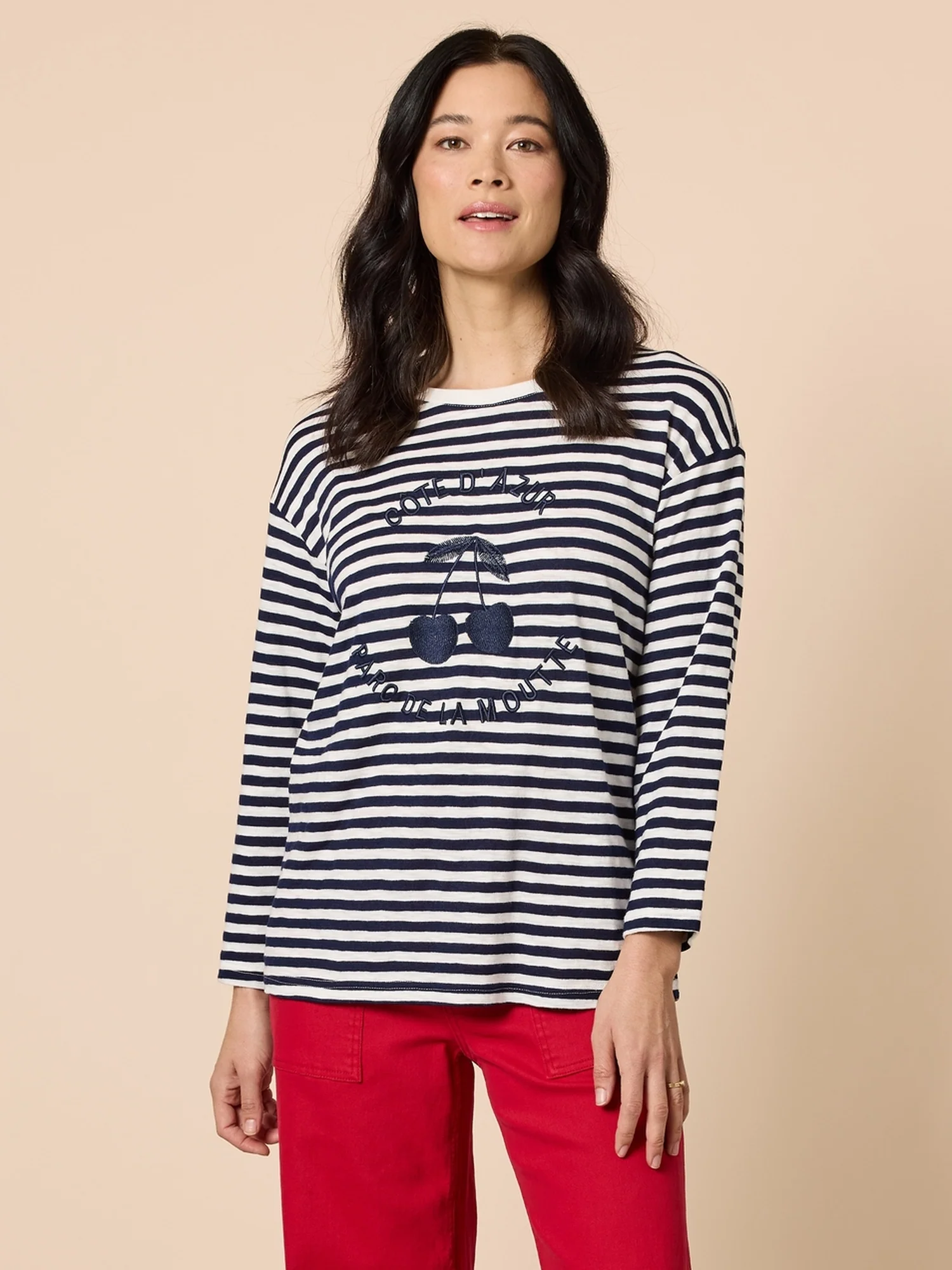 Cote D 'Azure Stripe Embroidered Cherry Tee - Navy/White