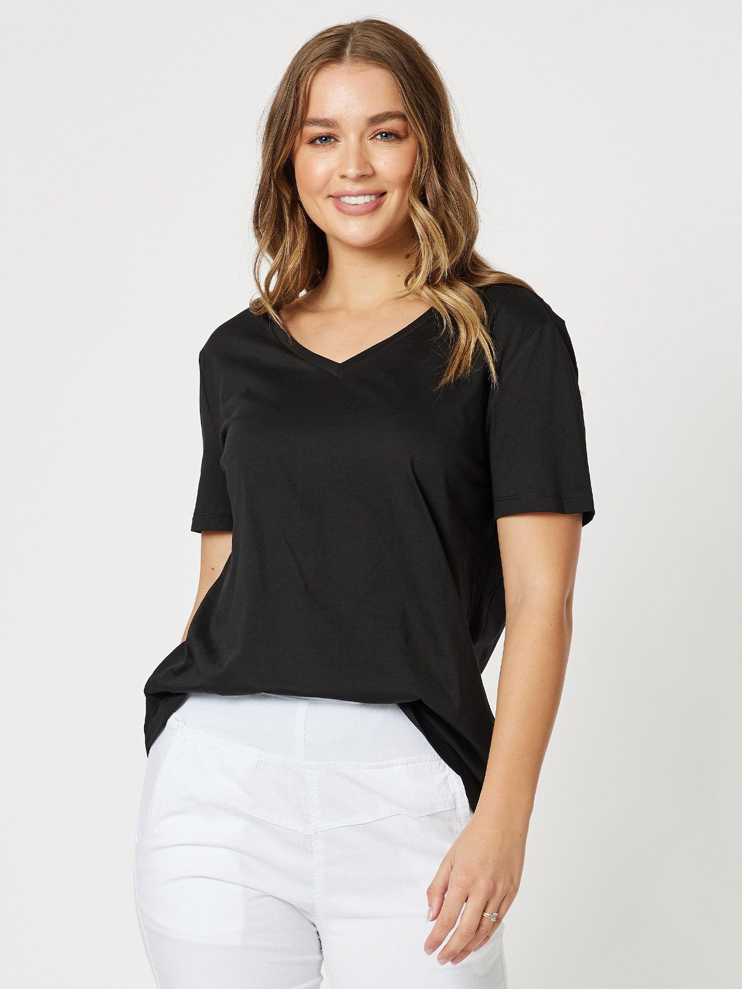 Cotton V Neck T-shirt - Black - Image 6