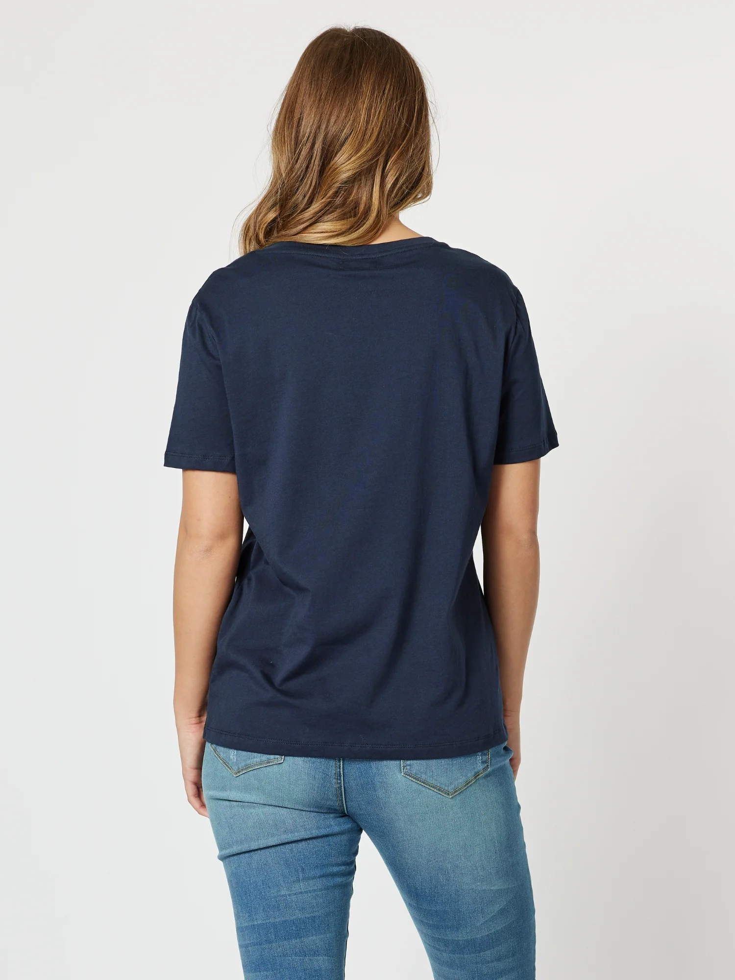 Cotton V Neck T-shirt - Navy - Image 4