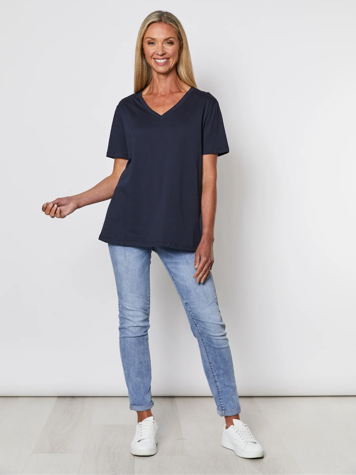 Cotton V Neck T-shirt - Navy - Image 6