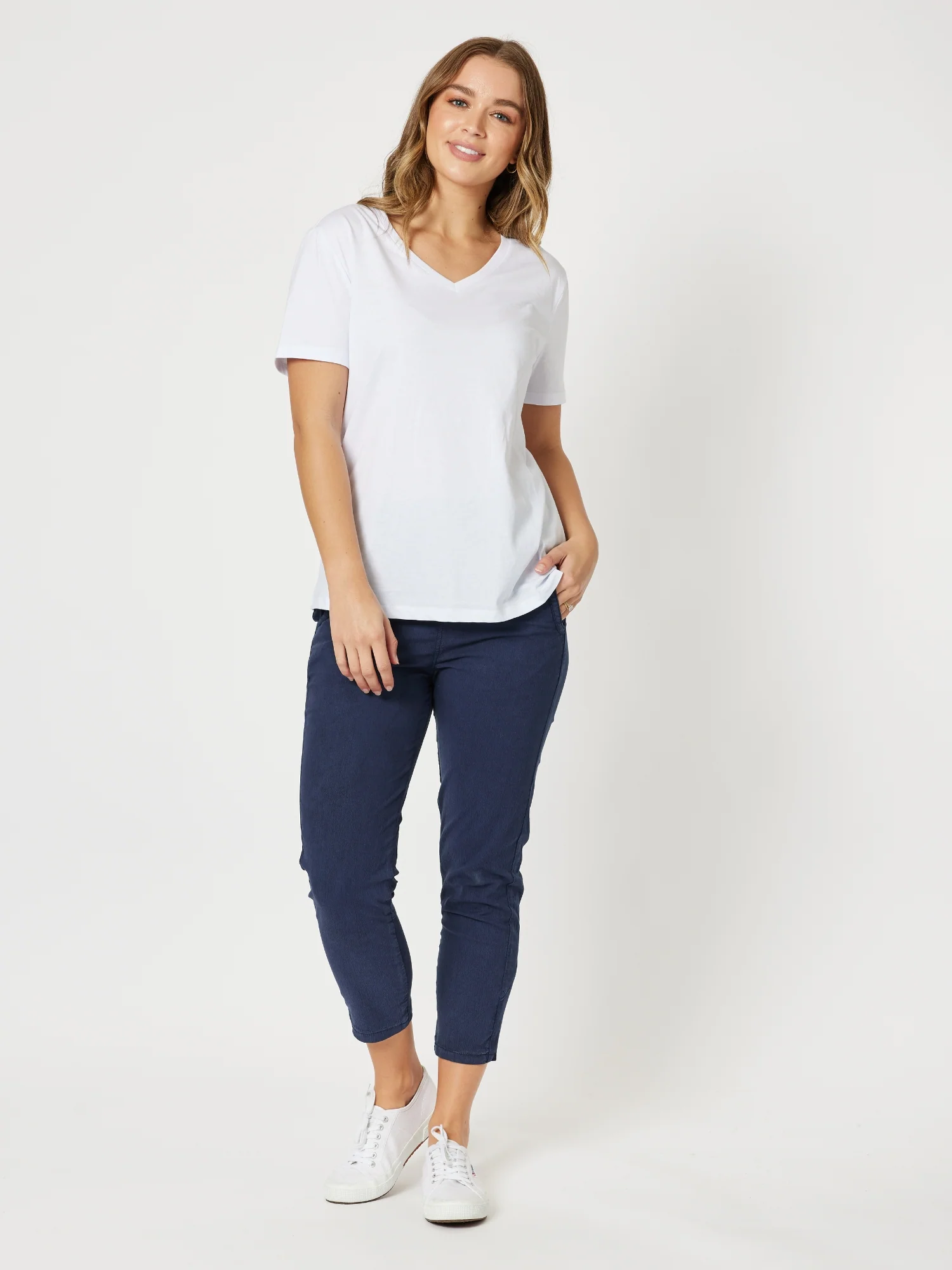 Cotton V Neck T-shirt - White - Image 3