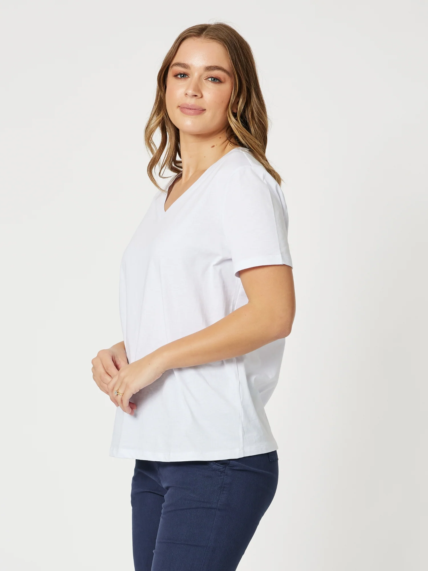 Cotton V Neck T-shirt - White - Image 6