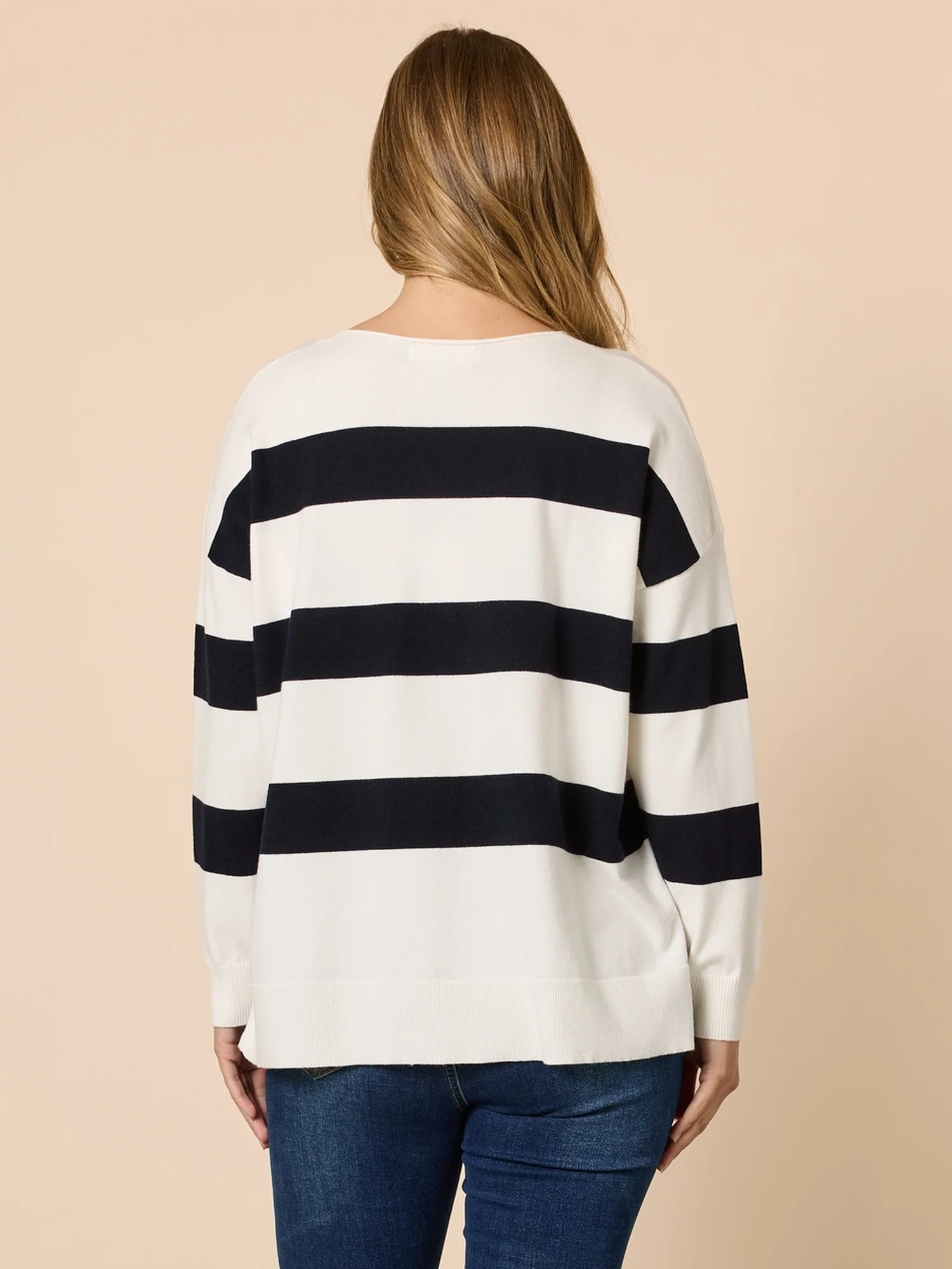 Crew V Neck Stripe Knit - Navy/ Ivory - Image 5
