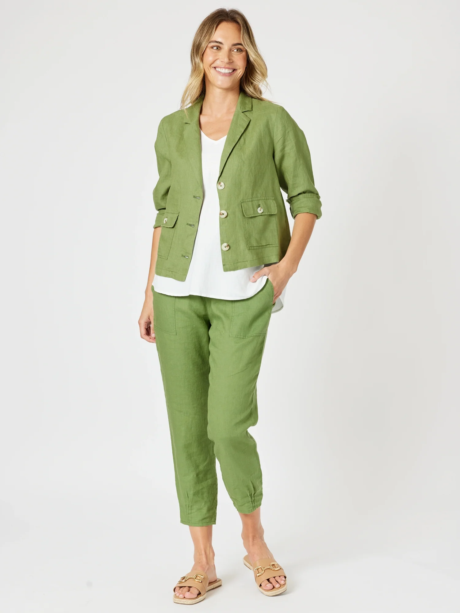 Danielle Linen Cropped Blazer - Basil - Image 2