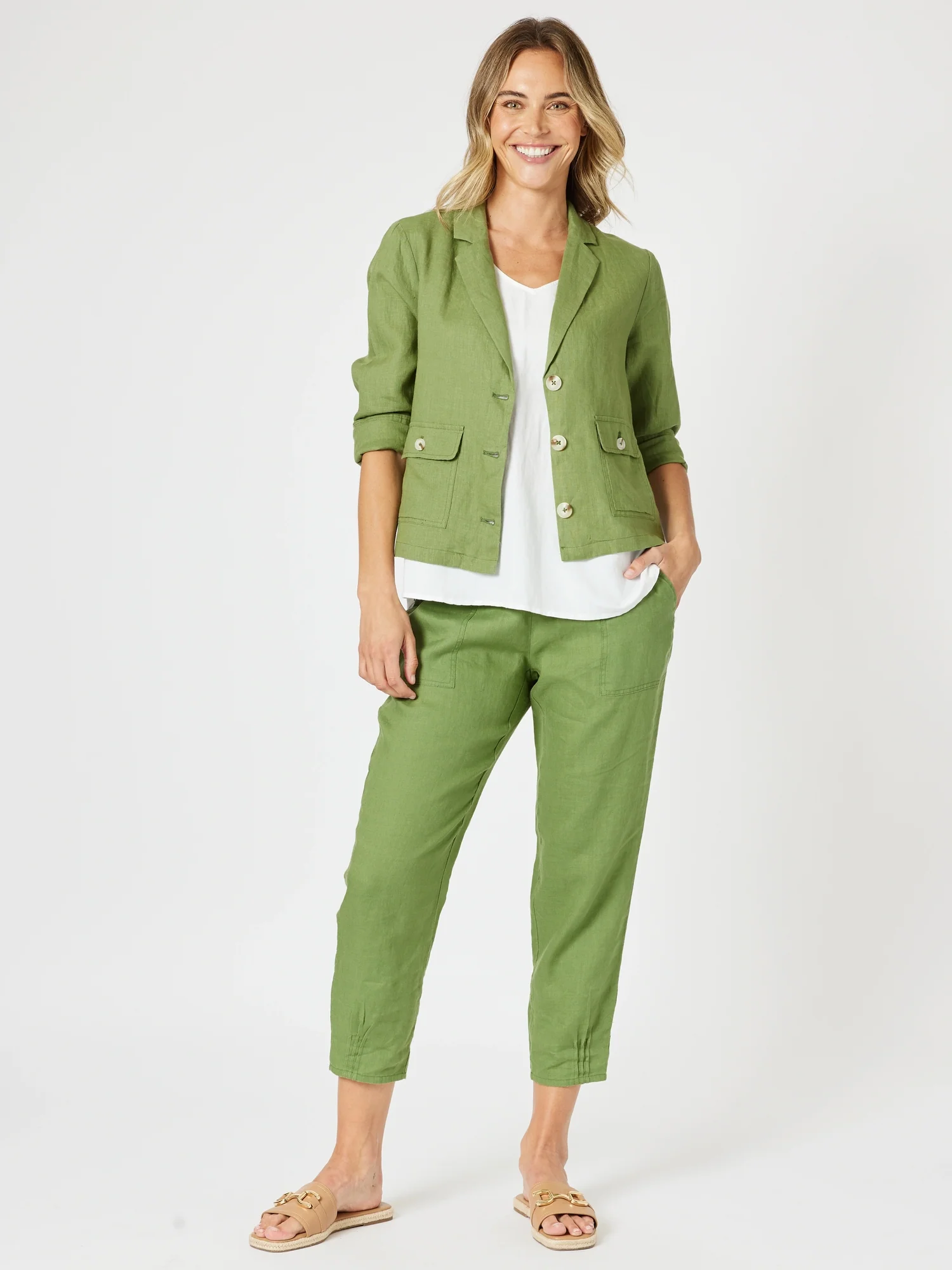 Danielle Linen Cropped Blazer - Basil - Image 5