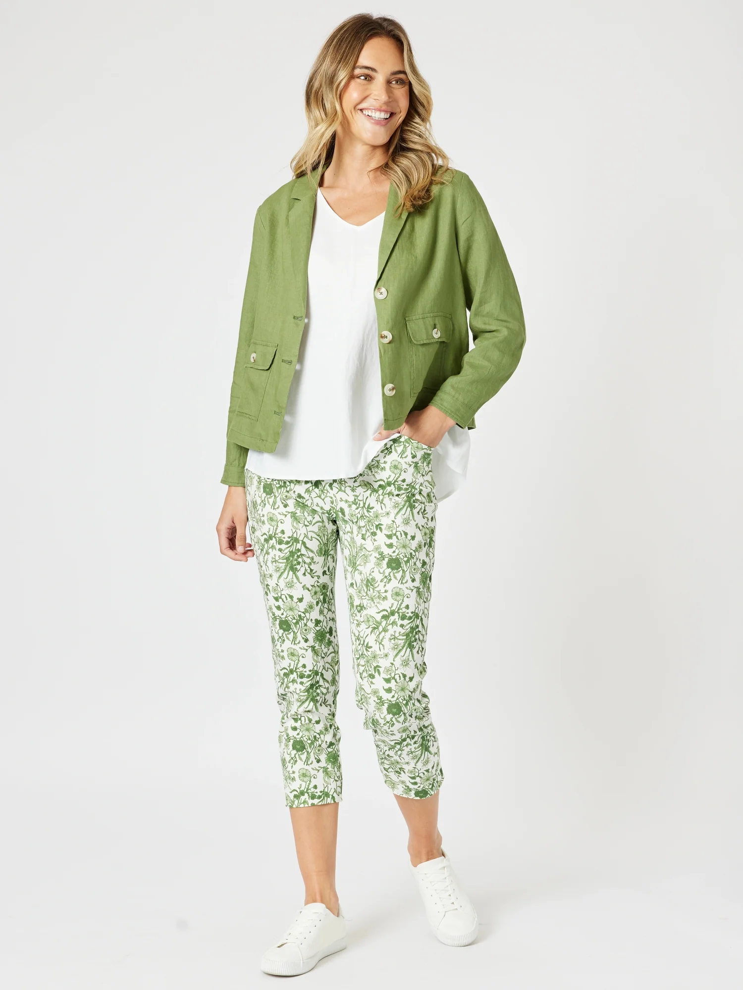 Danielle Linen Cropped Blazer - Basil - Image 6