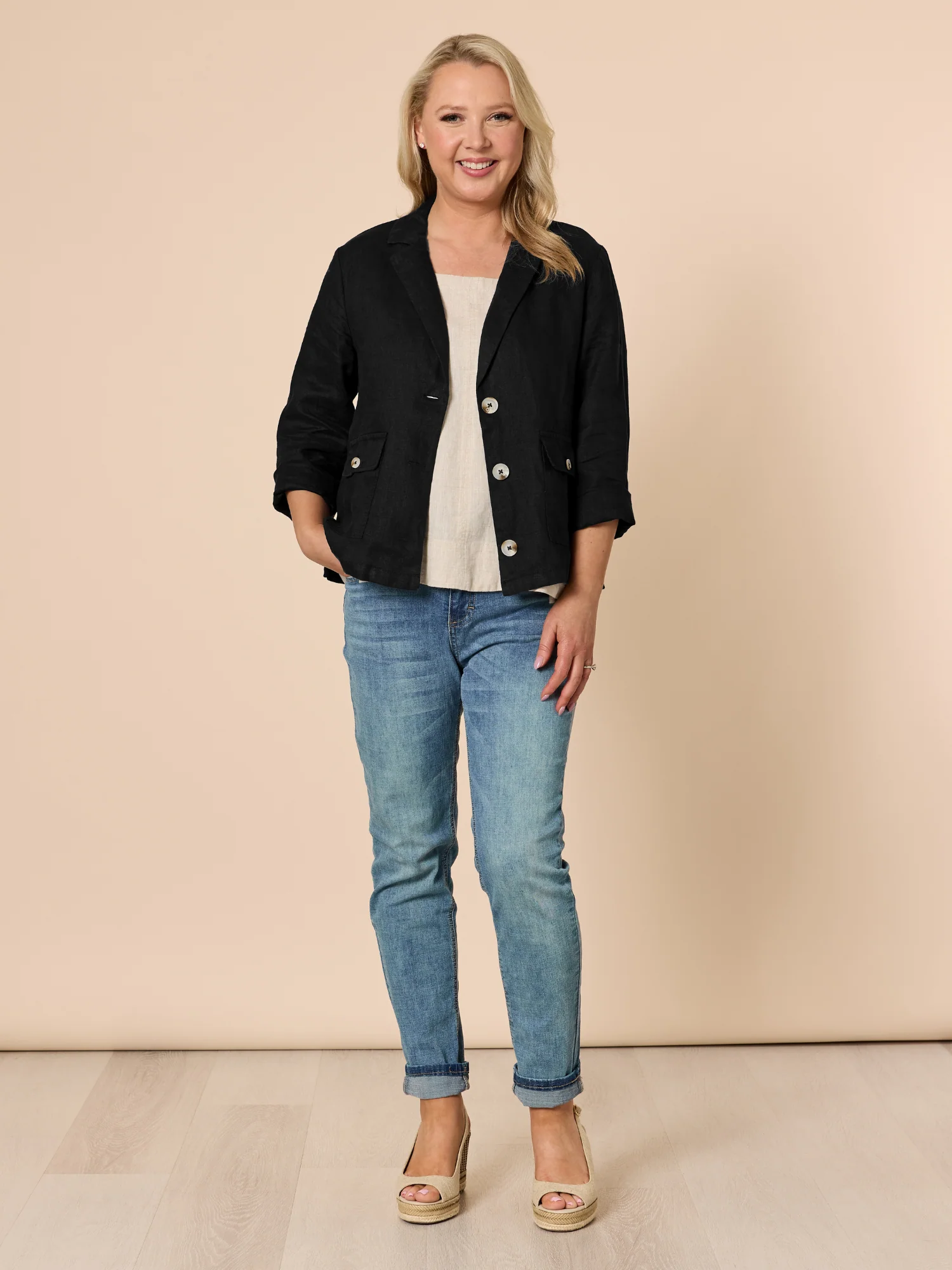 Danielle Linen Cropped Blazer - Black - Image 6