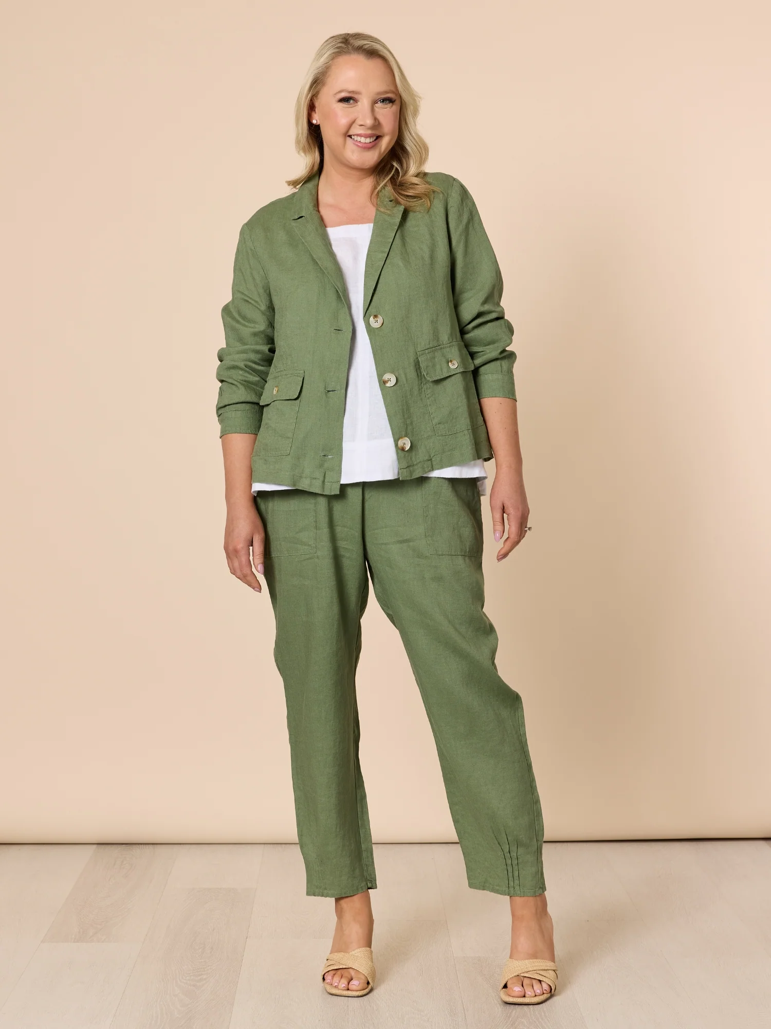 Danielle Linen Cropped Blazer - Khaki - Image 10