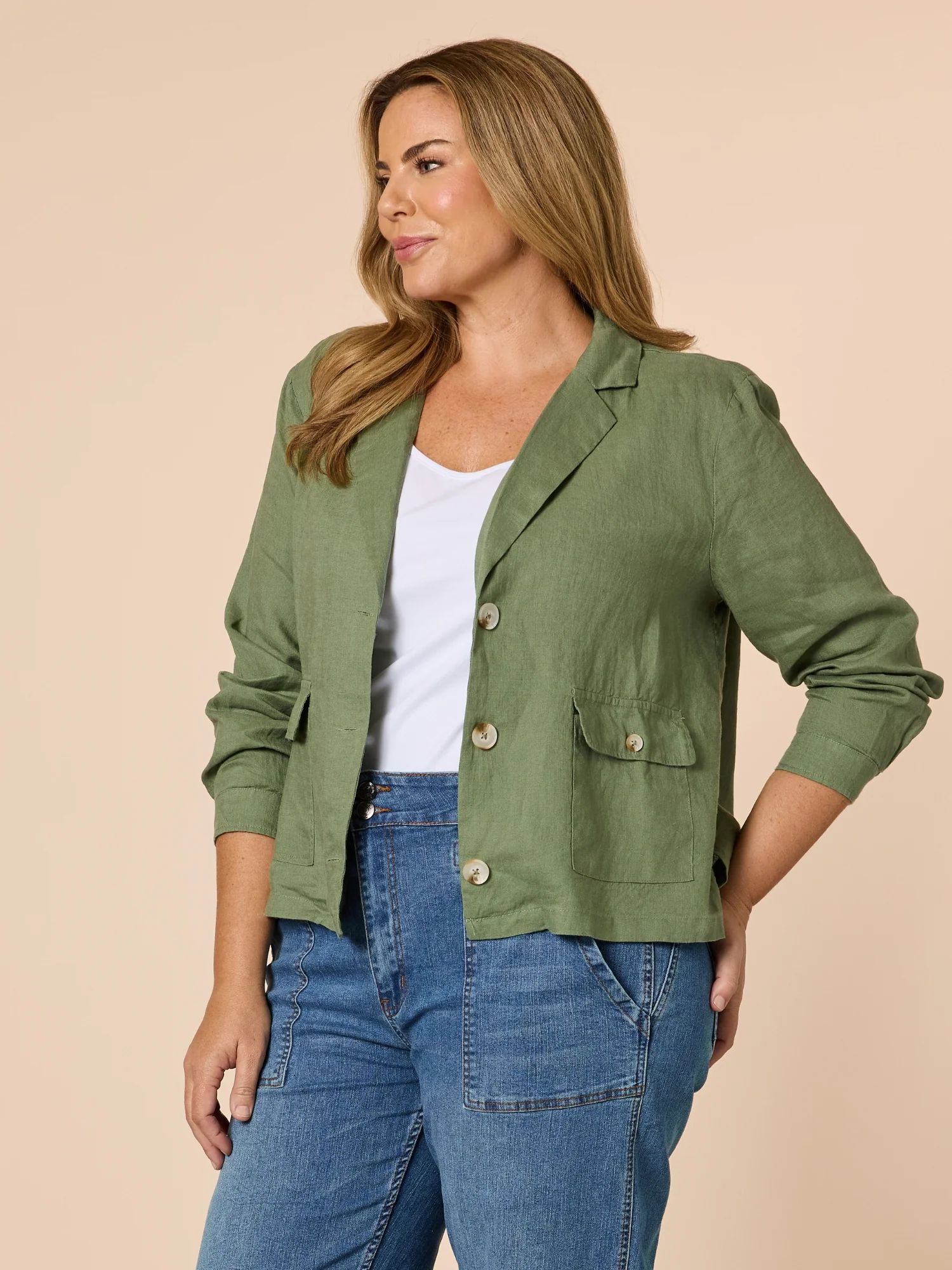 Danielle Linen Cropped Blazer - Khaki - Image 4