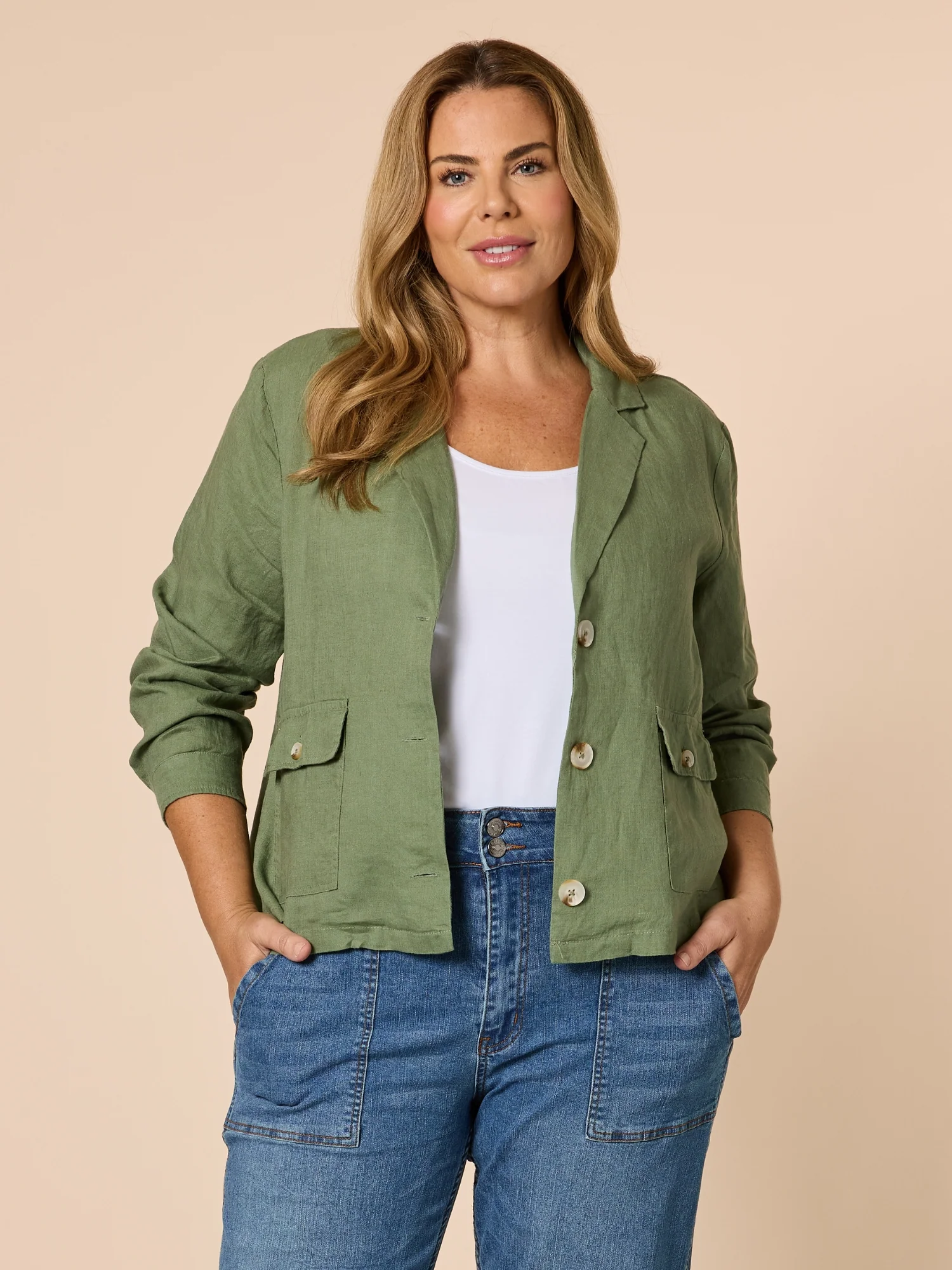 Danielle Linen Cropped Blazer - Khaki - Image 9