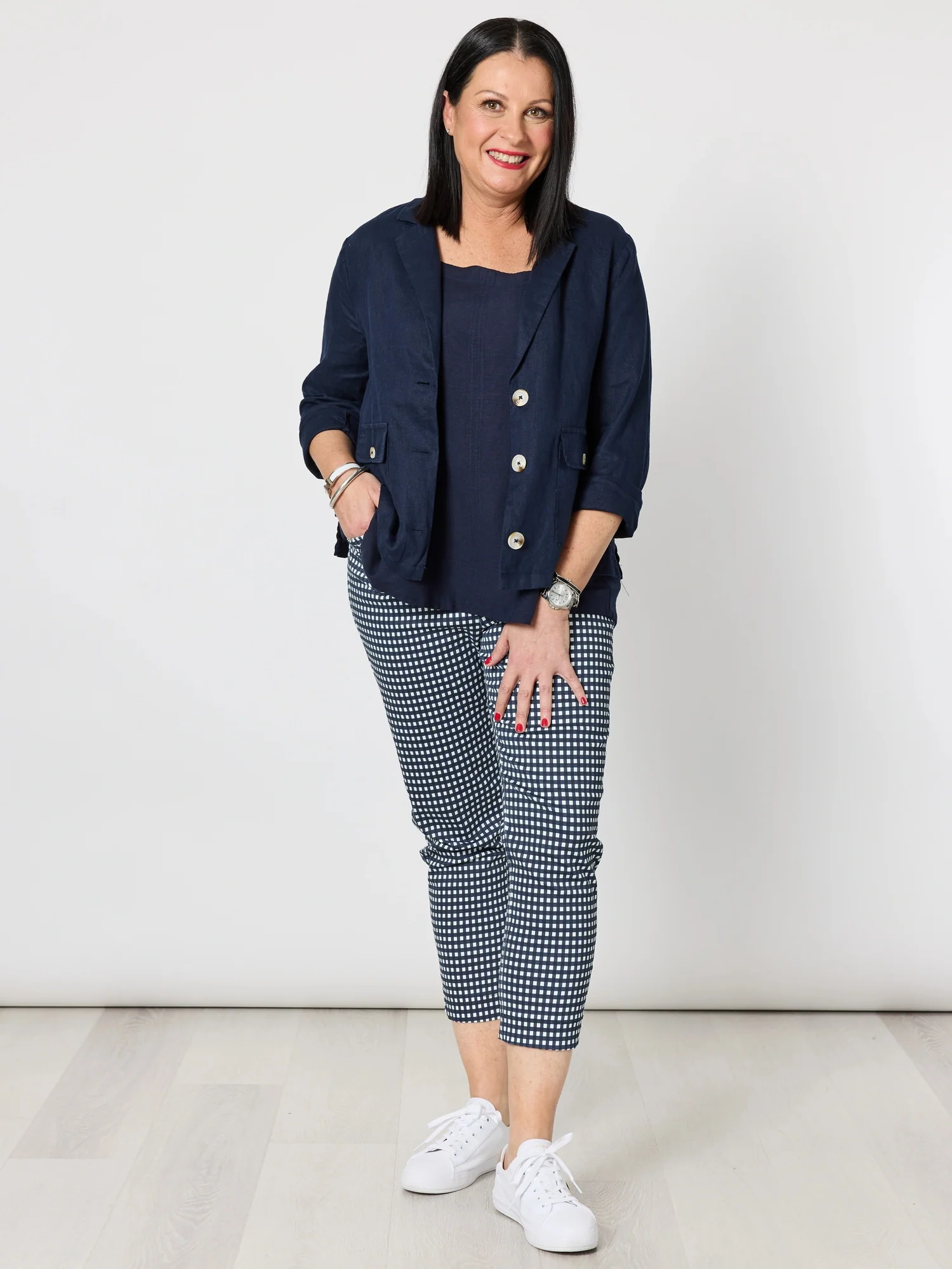 Danielle Linen Cropped Blazer - Navy - Image 12