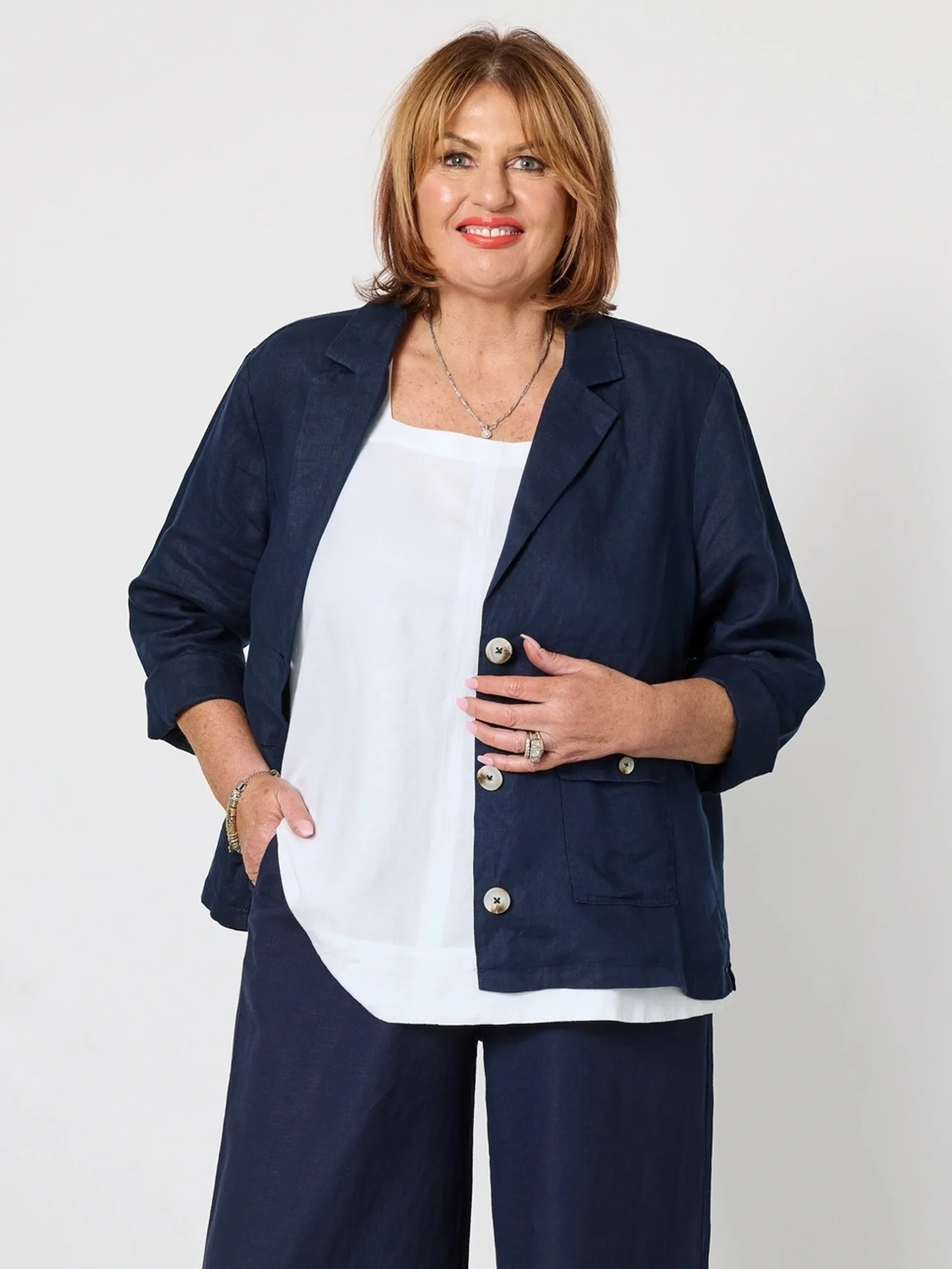 Danielle Linen Cropped Blazer - Navy - Image 13