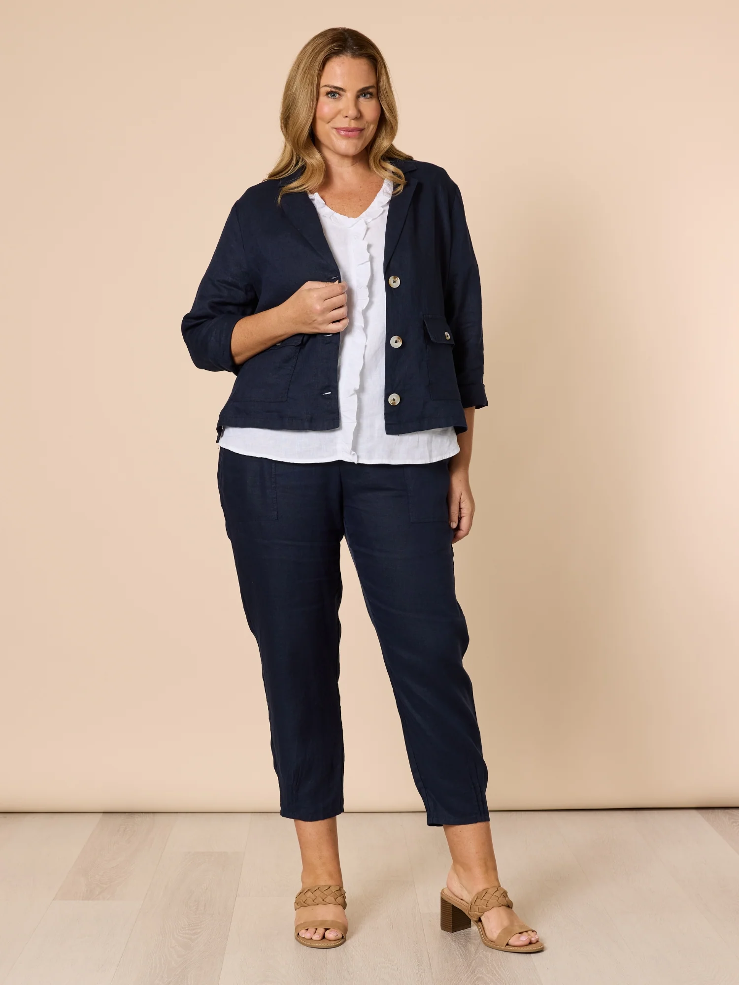 Danielle Linen Cropped Blazer - Navy - Image 3