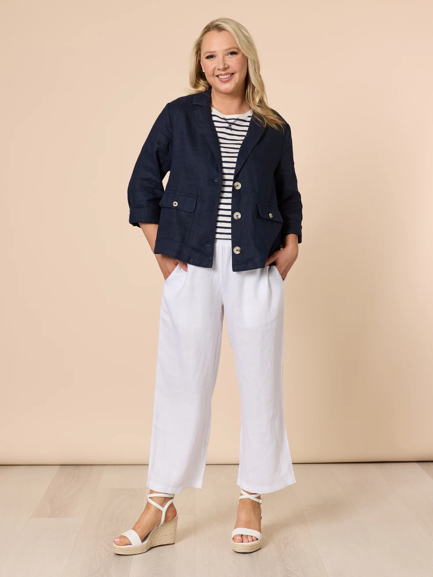 Danielle Linen Cropped Blazer - Navy - Image 4