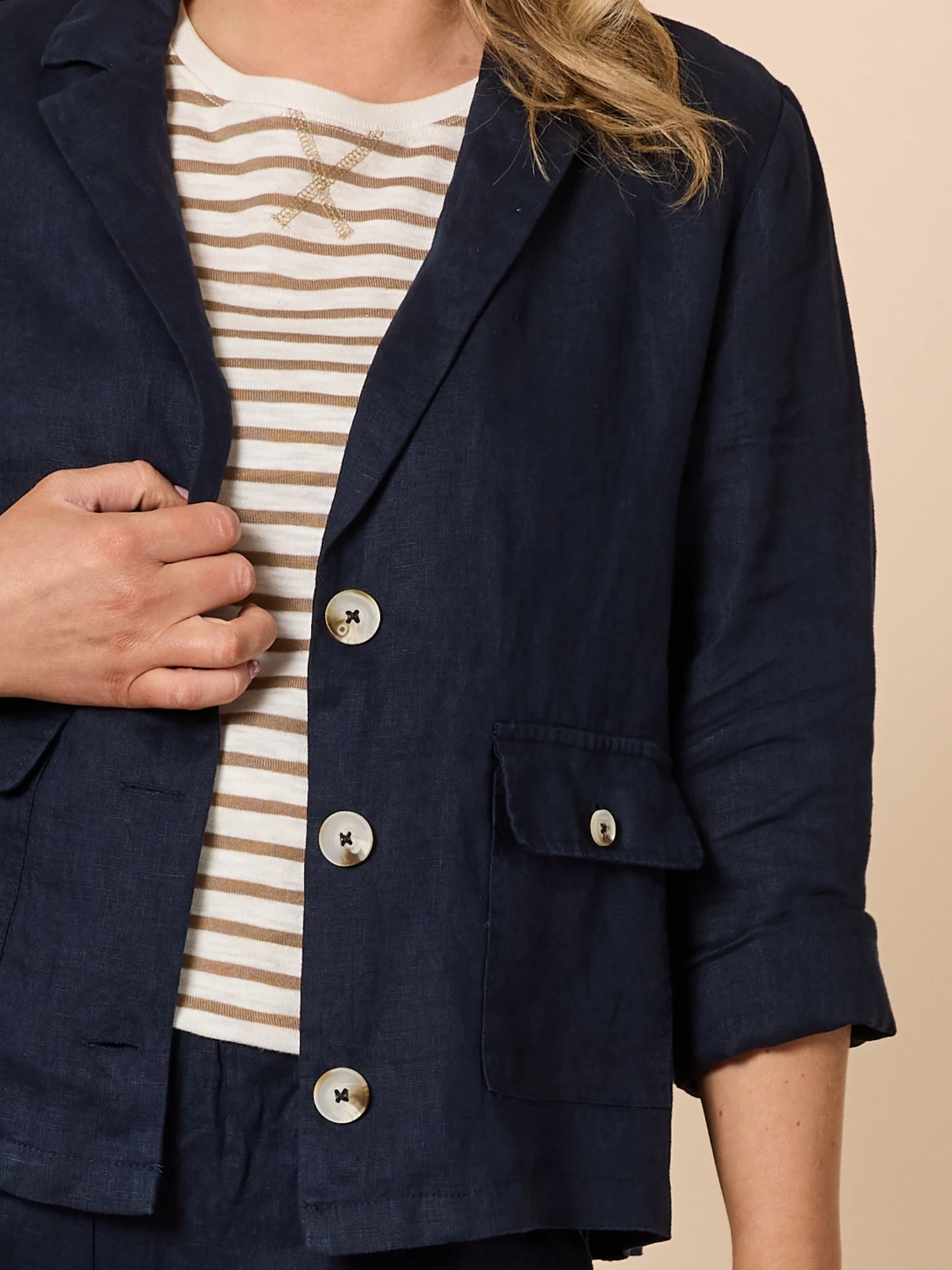 Danielle Linen Cropped Blazer - Navy - Image 5