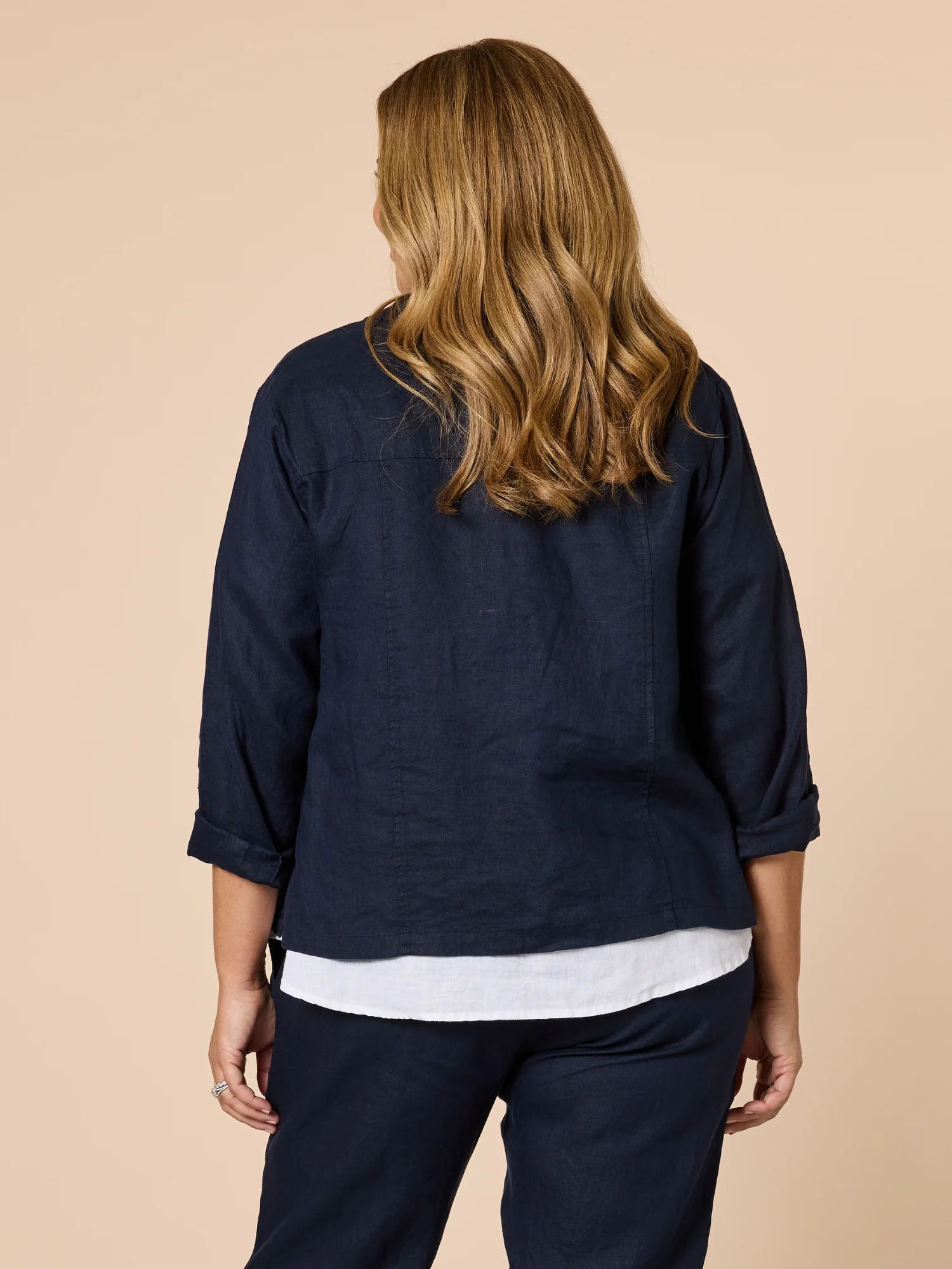 Danielle Linen Cropped Blazer - Navy - Image 7