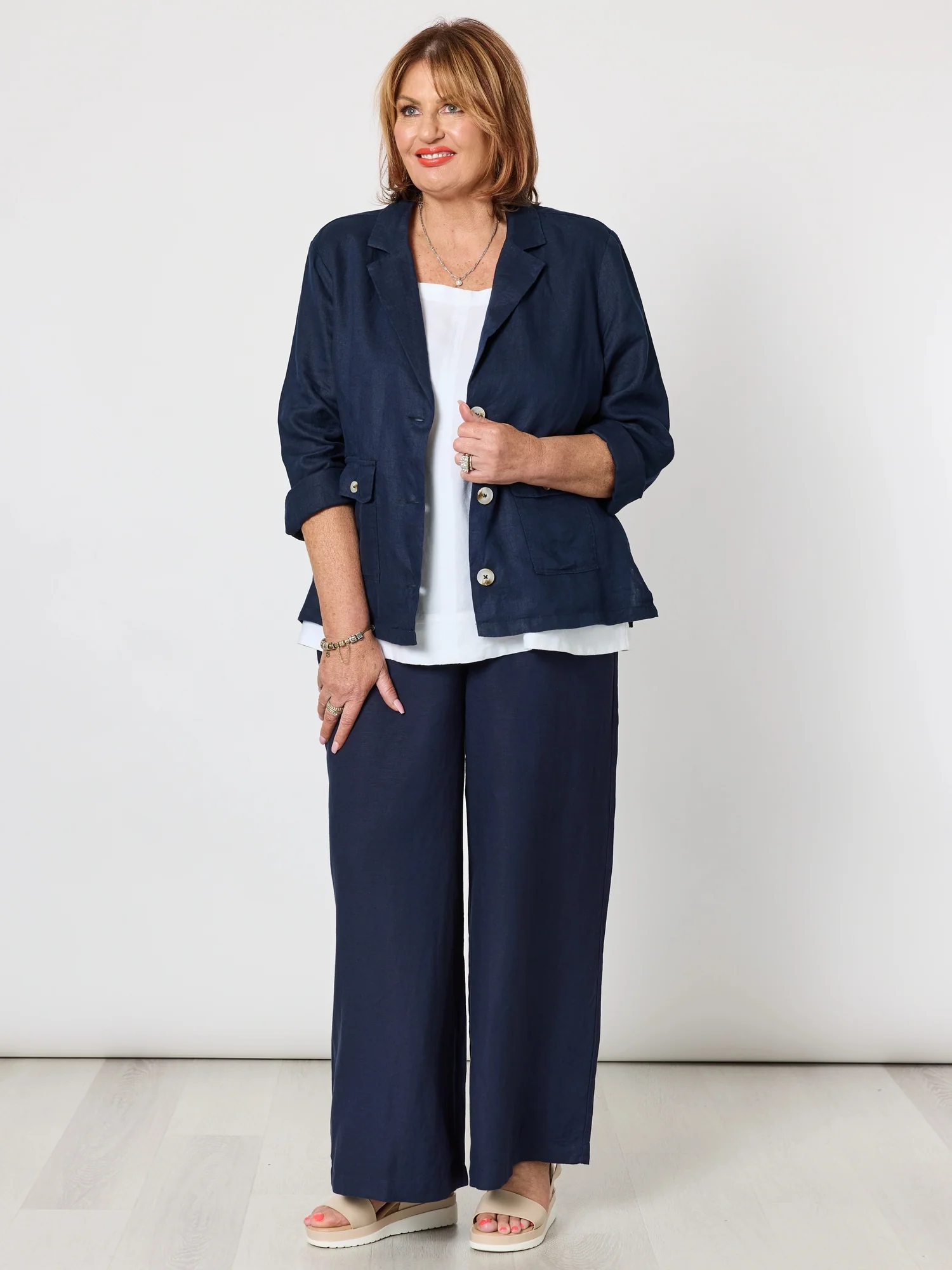 Danielle Linen Cropped Blazer - Navy - Image 8