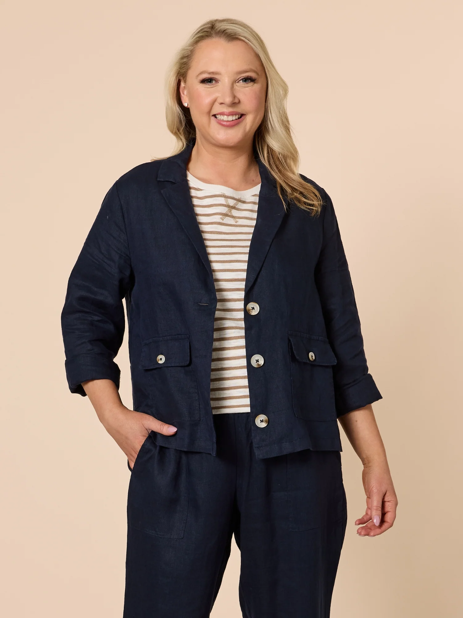 Danielle Linen Cropped Blazer - Navy - Image 9