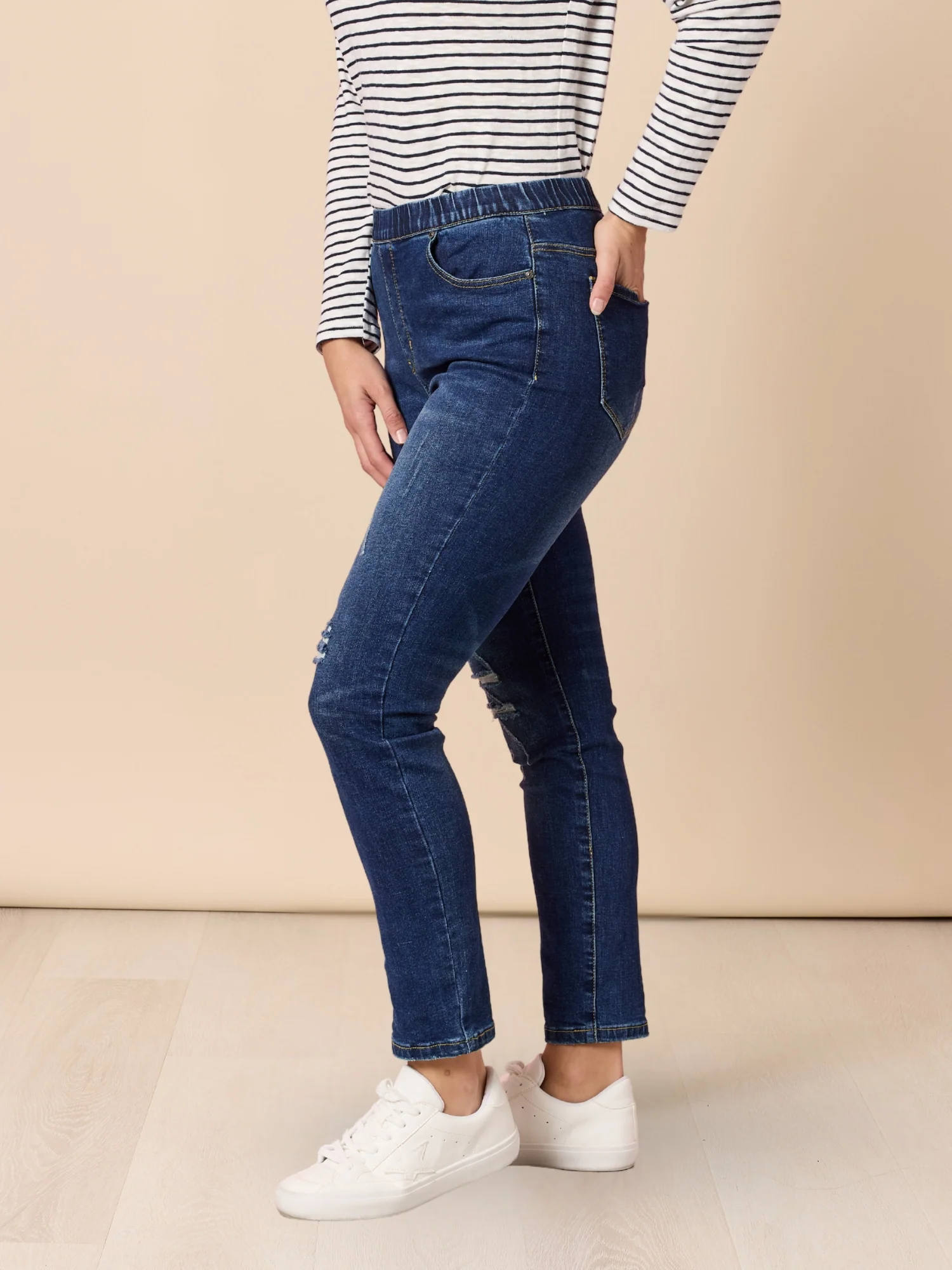 LA Distressed Pull On Stretch Denim Jean - Dark Denim - Image 4