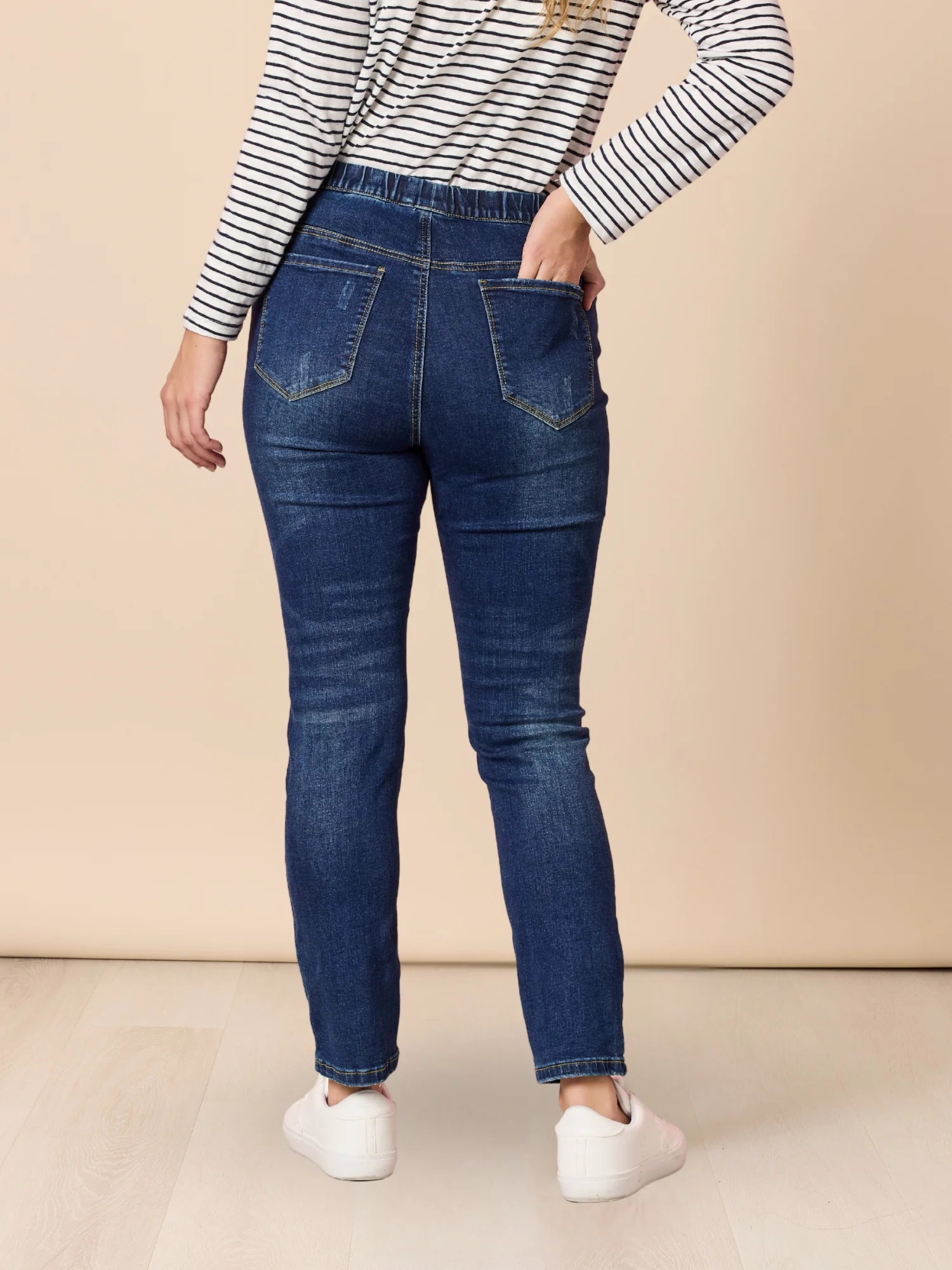 LA Distressed Pull On Stretch Denim Jean - Dark Denim - Image 5