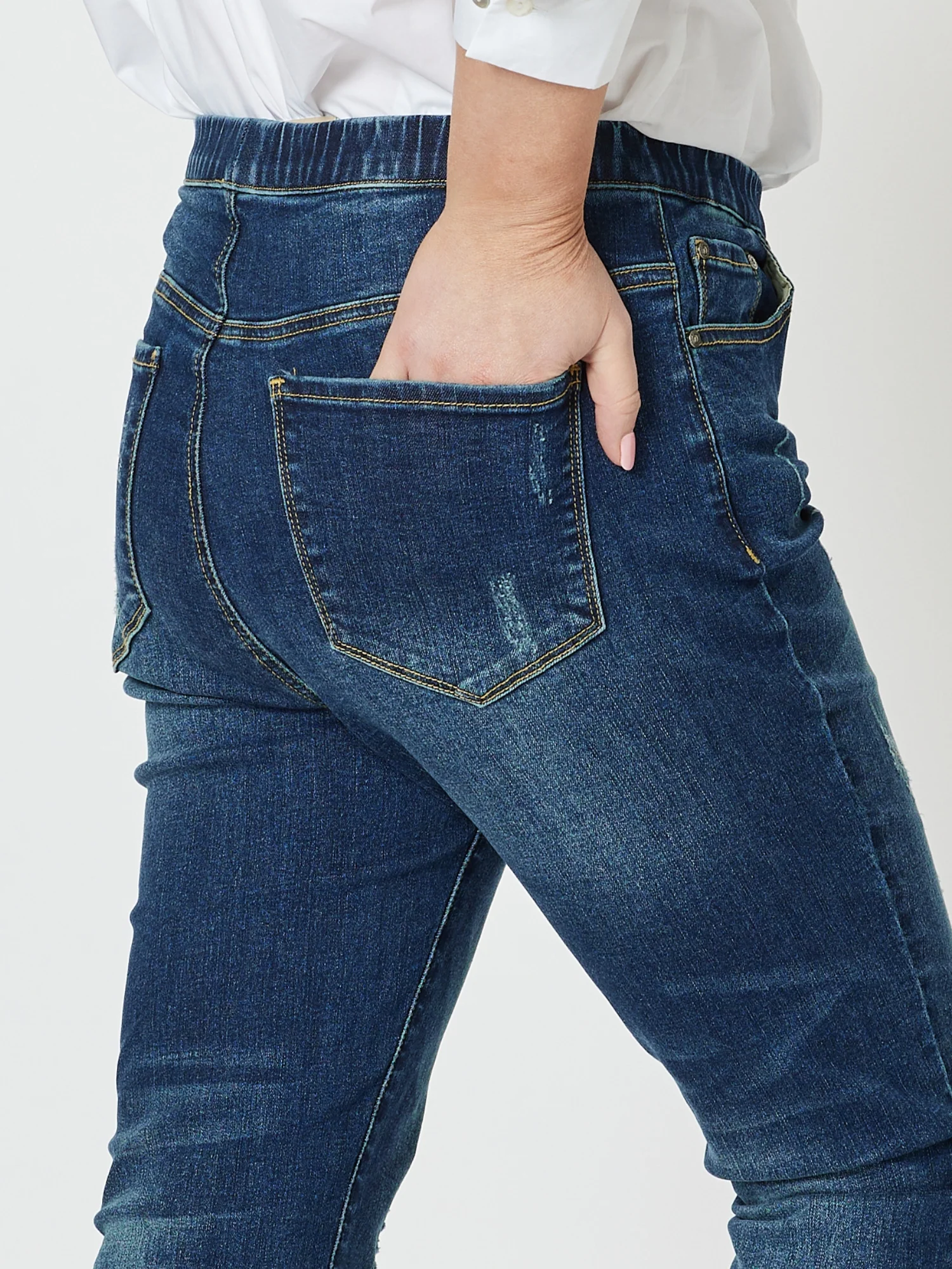 LA Distressed Pull On Stretch Denim Jean - Dark Denim - Image 7