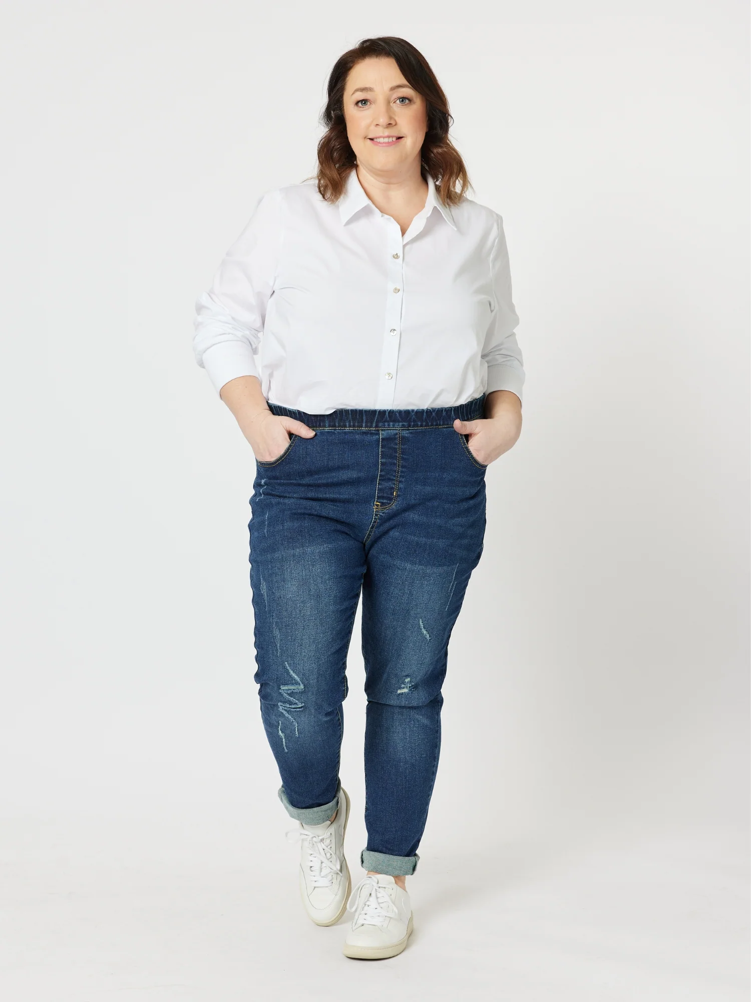 LA Distressed Pull On Stretch Denim Jean - Dark Denim - Image 8