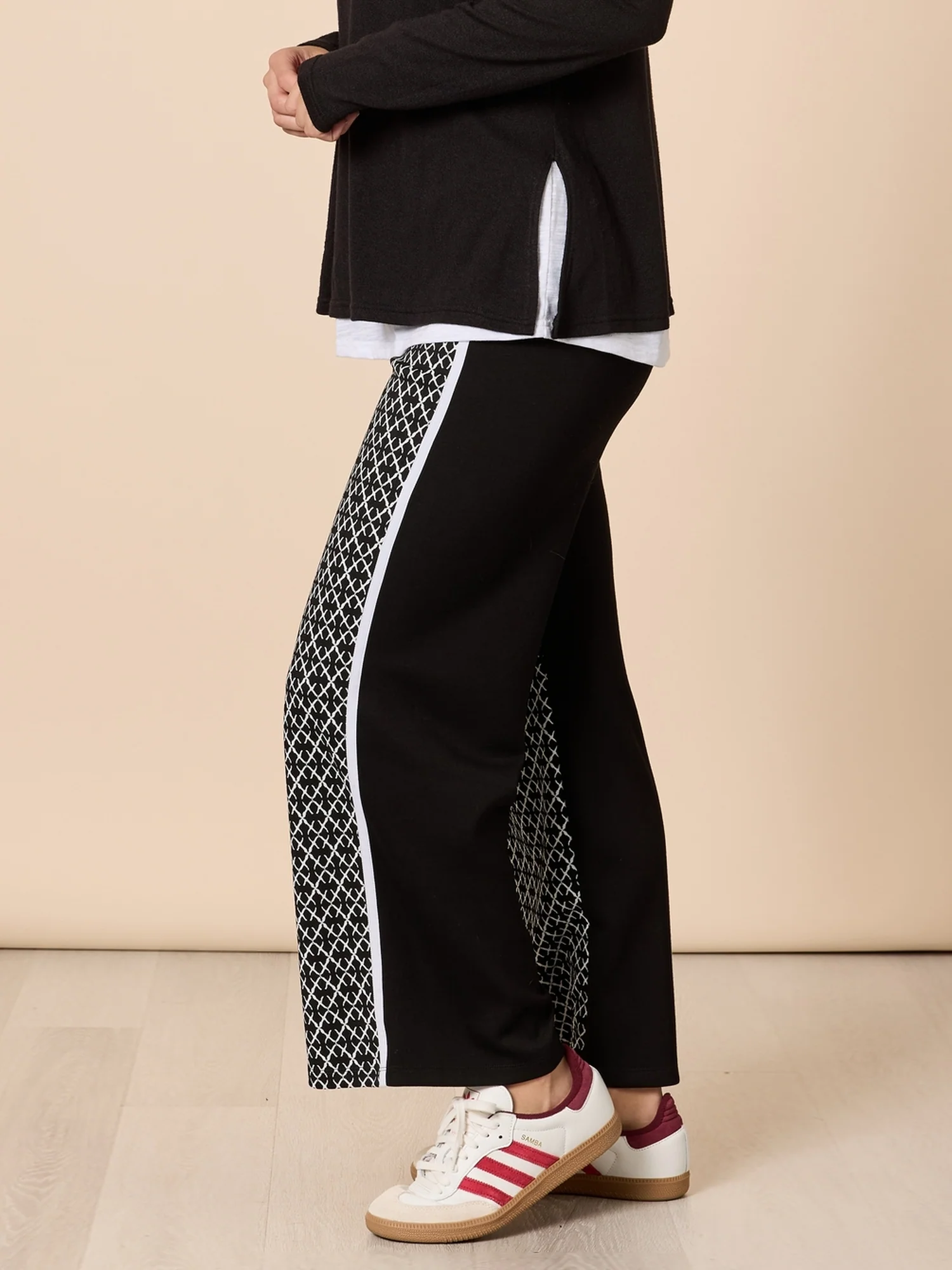 Empire Spliced Print Wide Leg Pant - Black/Ivory - Image 4